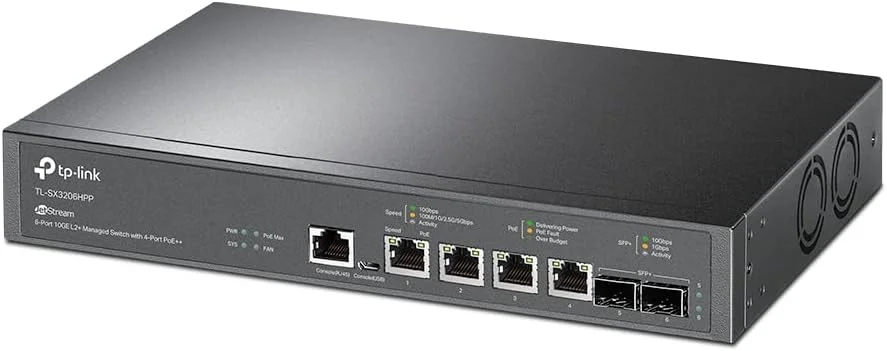 سوئیچ مدیریتی PoE تی‌پی‌لینک مدل TL-SX3206HPP با 6 پورت 10 گیگ، لایه 2 پلاس، 4 پورت PoE++ با توان 200 وات، 2 اسلات SFP+ 10G، بازیابی PoE، یکپارچه با Omada SDN، مسیریابی استاتیک و IPv6