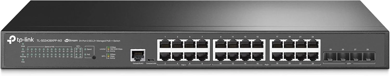 سوئیچ مدیریتی هوشمند لایه 2+ تی پی-لینک Omada SG3428XPP-M2 | دارای 24 پورت 2.5 گیگابیتی PoE، 4 پورت 10GE SFP+ | دارای 16 پورت PoE+ و 8 پورت PoE++ با توان 500 وات | یکپارچه با Omada SDN | IPv6 | VLAN, ACL, QoS, IGMP Snooping سوئیچ مدیریتی هوشمند لایه 2+ تی پی-لینک Omada SG3428XPP-M2 | دارای 24 پورت 2.5 گیگابیتی PoE، 4 پورت 10GE SFP+ | دارای 16 پورت PoE+ و 8 پورت PoE++ با توان 500 وات | یکپارچه با Omada SDN | IPv6 | VLAN, ACL, QoS, IGMP Snooping