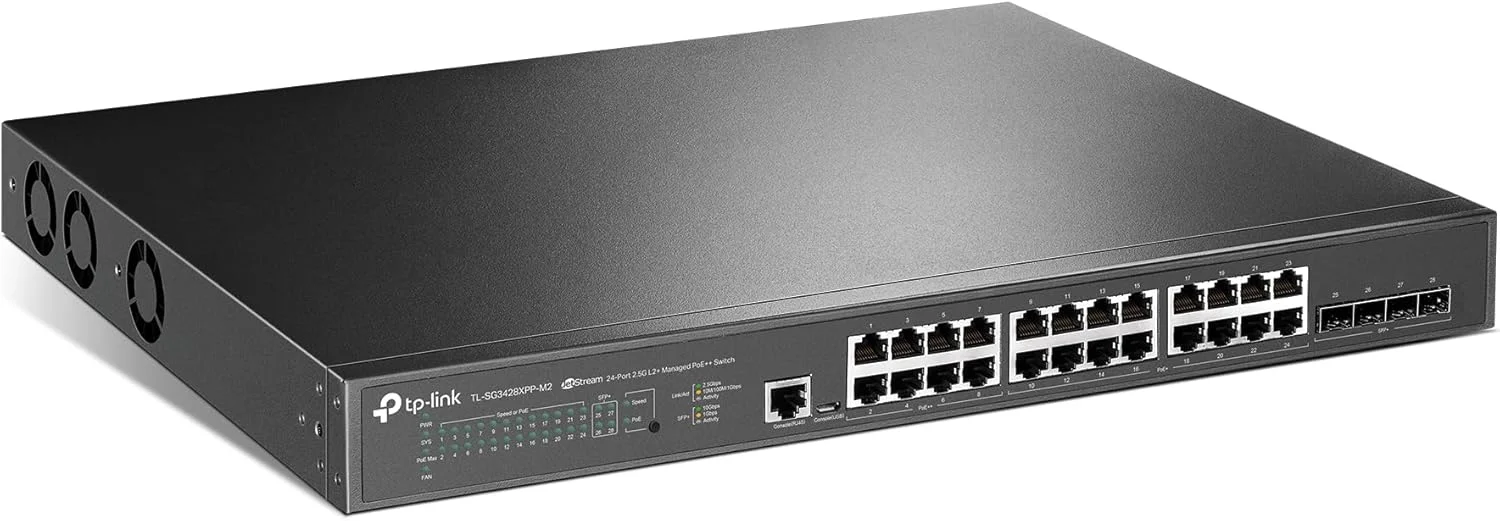 سوئیچ مدیریتی هوشمند لایه 2+ تی پی-لینک Omada SG3428XPP-M2 | دارای 24 پورت 2.5 گیگابیتی PoE، 4 پورت 10GE SFP+ | دارای 16 پورت PoE+ و 8 پورت PoE++ با توان 500 وات | یکپارچه با Omada SDN | IPv6 | VLAN, ACL, QoS, IGMP Snooping سوئیچ مدیریتی هوشمند لایه 2+ تی پی-لینک Omada SG3428XPP-M2 | دارای 24 پورت 2.5 گیگابیتی PoE، 4 پورت 10GE SFP+ | دارای 16 پورت PoE+ و 8 پورت PoE++ با توان 500 وات | یکپارچه با Omada SDN | IPv6 | VLAN, ACL, QoS, IGMP Snooping