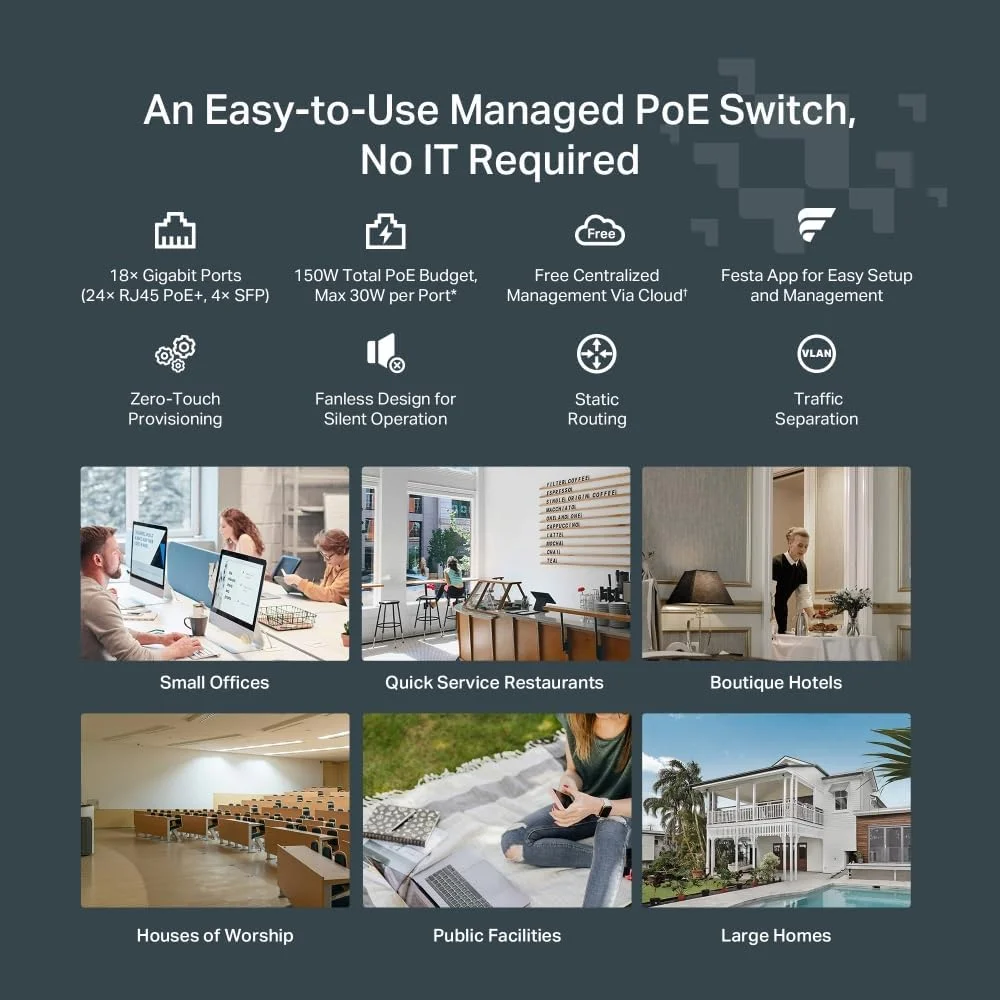 سوئیچ مدیریتی هوشمند گیگابیتی 18 پورت TP-Link Festa FS318GP با 16 پورت PoE+ با توان 150 وات، 4 اسلات SFP خود سازماندهی شونده، مسیریابی استاتیک شبکه بدون فن، VLAN سوئیچ مدیریتی هوشمند گیگابیتی 18 پورت TP-Link Festa FS318GP با 16 پورت PoE+ با توان 150 وات، 4 اسلات SFP خود سازماندهی شونده، مسیریابی استاتیک شبکه بدون فن، VLAN