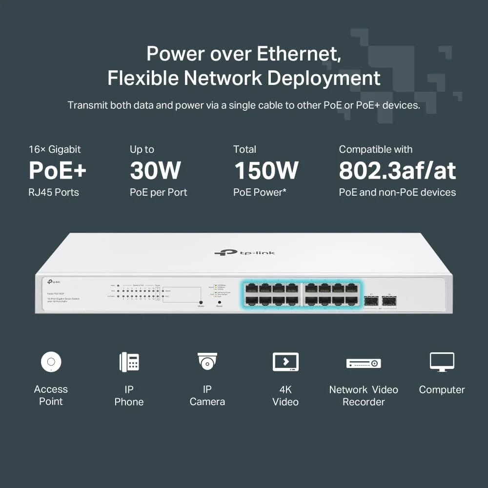 سوئیچ مدیریتی هوشمند گیگابیتی 18 پورت TP-Link Festa FS318GP با 16 پورت PoE+ با توان 150 وات، 4 اسلات SFP خود سازماندهی شونده، مسیریابی استاتیک شبکه بدون فن، VLAN سوئیچ مدیریتی هوشمند گیگابیتی 18 پورت TP-Link Festa FS318GP با 16 پورت PoE+ با توان 150 وات، 4 اسلات SFP خود سازماندهی شونده، مسیریابی استاتیک شبکه بدون فن، VLAN