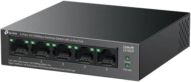 سوییچ دسکتاپ اترنت 5 پورت 10/100 مگابیت بر ثانیه TP-Link با 4 پورت PoE، بودجه PoE 41 واتی، بازیابی خودکار PoE، اتصال سریع و آسان، بدنه فلزی، طراحی بدون فن، ایده آل برای امنیت شبکه نظارت تصویری IP (LS105LP) سوییچ دسکتاپ اترنت 5 پورت 10/100 مگابیت بر ثانیه TP-Link با 4 پورت PoE، بودجه PoE 41 واتی، بازیابی خودکار PoE، اتصال سریع و آسان، بدنه فلزی، طراحی بدون فن، ایده آل برای امنیت شبکه نظارت تصویری IP (LS105LP)