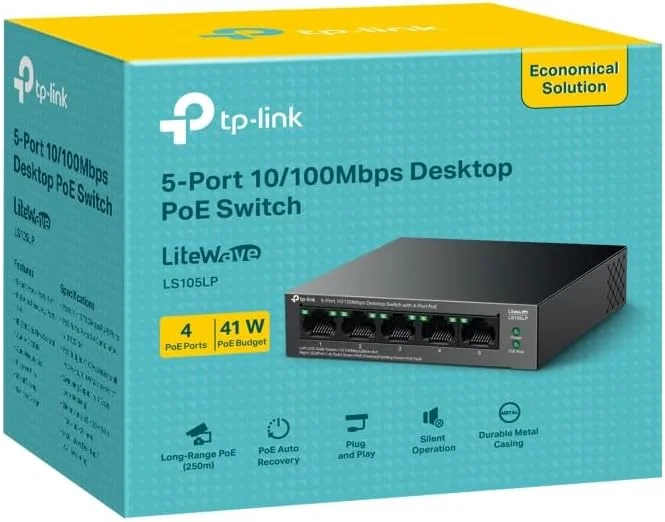 سوییچ دسکتاپ اترنت 5 پورت 10/100 مگابیت بر ثانیه TP-Link با 4 پورت PoE، بودجه PoE 41 واتی، بازیابی خودکار PoE، اتصال سریع و آسان، بدنه فلزی، طراحی بدون فن، ایده آل برای امنیت شبکه نظارت تصویری IP (LS105LP) سوییچ دسکتاپ اترنت 5 پورت 10/100 مگابیت بر ثانیه TP-Link با 4 پورت PoE، بودجه PoE 41 واتی، بازیابی خودکار PoE، اتصال سریع و آسان، بدنه فلزی، طراحی بدون فن، ایده آل برای امنیت شبکه نظارت تصویری IP (LS105LP)
