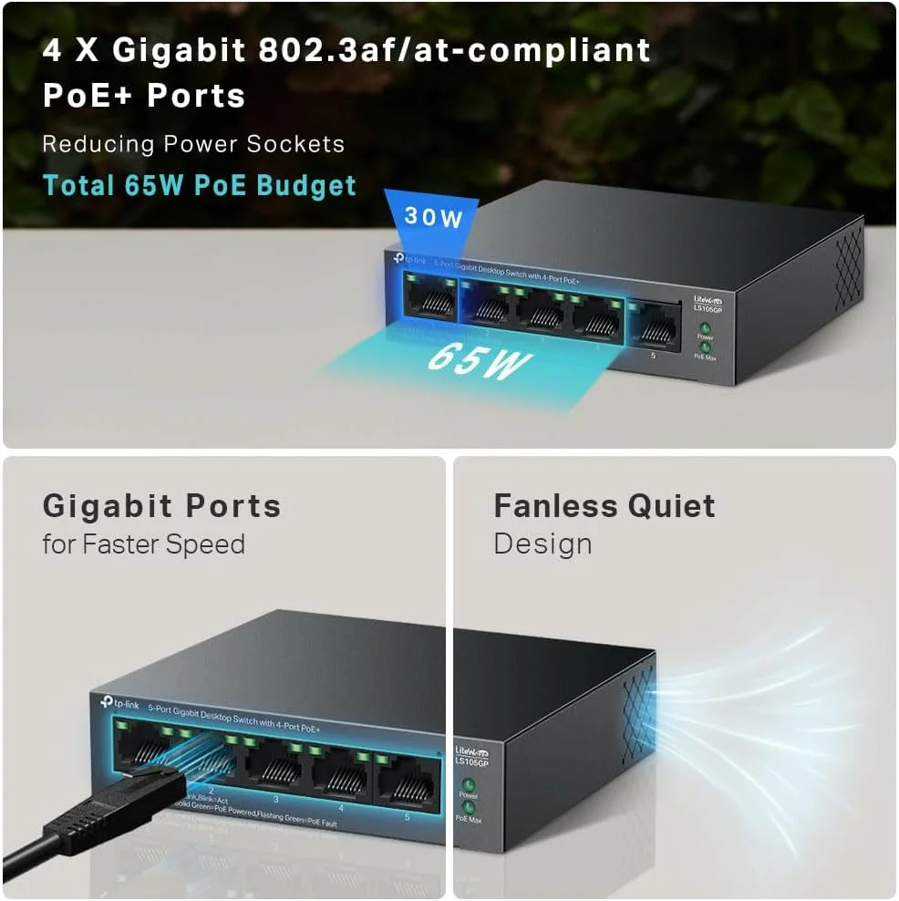 سوییچ غیر مدیریتی گیگابیتی اترنت (10/100/1000) TP-Link LiteWave LS105GP با قابلیت تغذیه از طریق اترنت (PoE) - مشکی