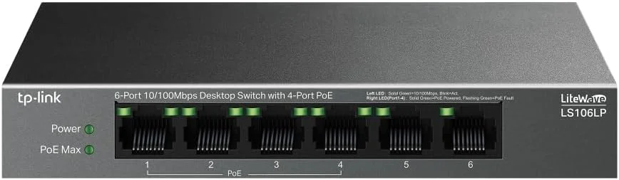 سوییچ رومیزی 6 پورت 10/100 مگابیت بر ثانیه TP-LINK با 4 پورت PoE - مدل LS106LP
