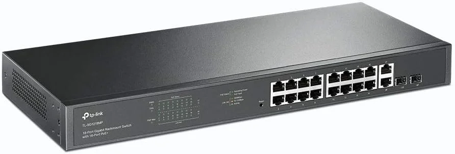 سوییچ رکمونت 18 پورت گیگابیتی TP-Link TL-SG1218MP با 16 پورت PoE+ (16 پورت گیگابیتی RJ45 PoE+، 2 پورت گیگابیتی RJ45 بدون PoE، 2 اسلات ترکیبی گیگابیتی SFP، 250 وات، رکمونت) سوییچ رکمونت 18 پورت گیگابیتی TP-Link TL-SG1218MP با 16 پورت PoE+ (16 پورت گیگابیتی RJ45 PoE+، 2 پورت گیگابیتی RJ45 بدون PoE، 2 اسلات ترکیبی گیگابیتی SFP، 250 وات، رکمونت)