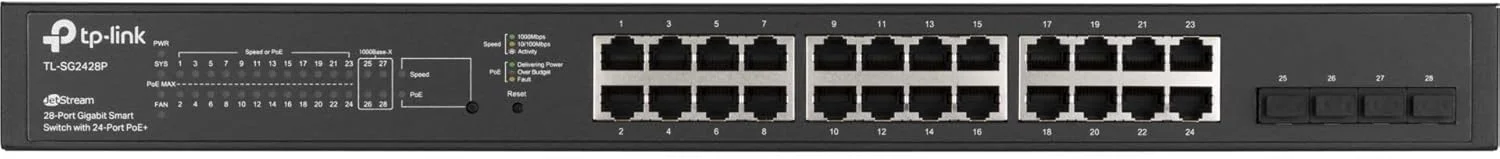 سوییچ هوشمند گیگابیتی 28 پورت TP-Link TL-SG2428P JetStream با 24 پورت PoE+، 4 اسلات SFP (بودجه 250 وات، مدیریت ابری متمرکز Omada SDN و نظارت هوشمند)