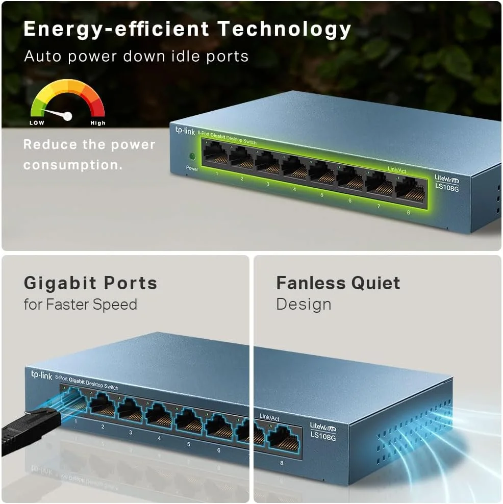 سوییچ شبکه 8 پورت گیگابیتی TP-Link، اسپلیتر سوییچ اترنت، عملکرد بی صدا و بدون دردسر، صرفه جویی در انرژی، بدنه فلزی، قابل نصب روی میز یا دیوار (LS108G) سوییچ شبکه 8 پورت گیگابیتی TP-Link، اسپلیتر سوییچ اترنت، عملکرد بی صدا و بدون دردسر، صرفه جویی در انرژی، بدنه فلزی، قابل نصب روی میز یا دیوار (LS108G)