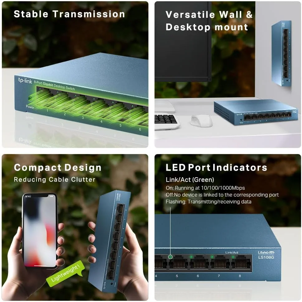سوییچ شبکه 8 پورت گیگابیتی TP-Link، اسپلیتر سوییچ اترنت، عملکرد بی صدا و بدون دردسر، صرفه جویی در انرژی، بدنه فلزی، قابل نصب روی میز یا دیوار (LS108G) سوییچ شبکه 8 پورت گیگابیتی TP-Link، اسپلیتر سوییچ اترنت، عملکرد بی صدا و بدون دردسر، صرفه جویی در انرژی، بدنه فلزی، قابل نصب روی میز یا دیوار (LS108G)