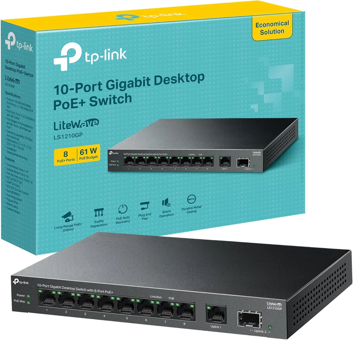 سوییچ رومیزی 10 پورت گیگابیتی TP-Link با 8 پورت PoE+، بودجه PoE 61 واتی، خروجی PoE 30 واتی، انتقال PoE تا 250 متر. جداسازی ترافیک، Plug and Play، بدون فن، بدنه فلزی (LS1210GP)