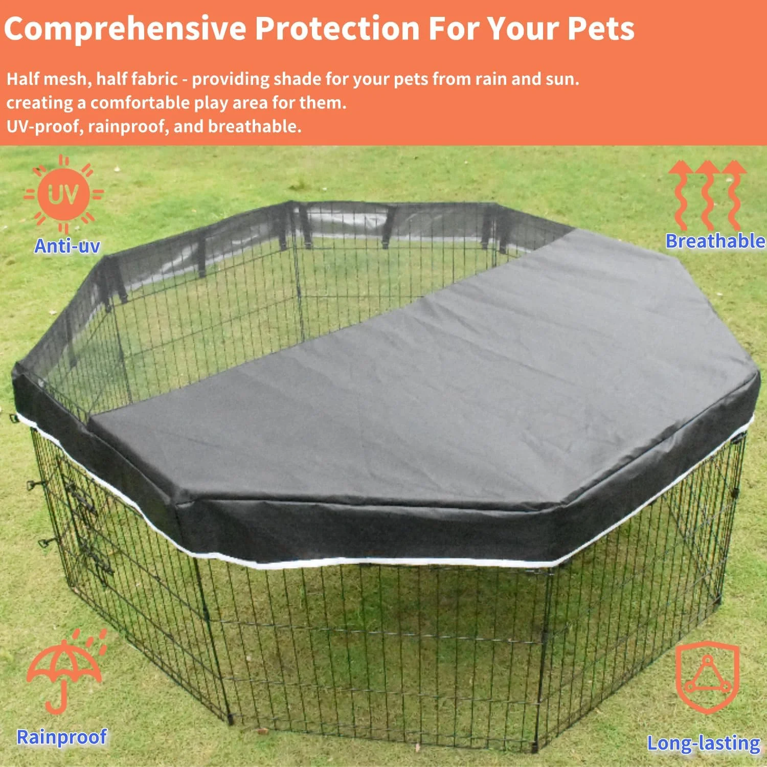 روکش توری سقف محوطه بازی سگ Zuisfau، مناسب برای محوطه بازی فلزی هشت ضلعی معمولی 24 اینچی، مشکی، اتصالات قلاب. (توجه: فقط روکش، محوطه بازی شامل نمی شود!!)