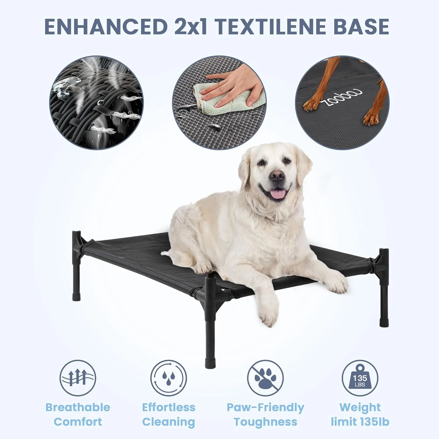 خانه سگ بزرگ زوبا 36 اینچی برای داخل یا خارج از منزل، ضد آب 600D PVC، دارای تخت سگ مرتفع توری تنفسی 2x1، تمیز کردن آسان