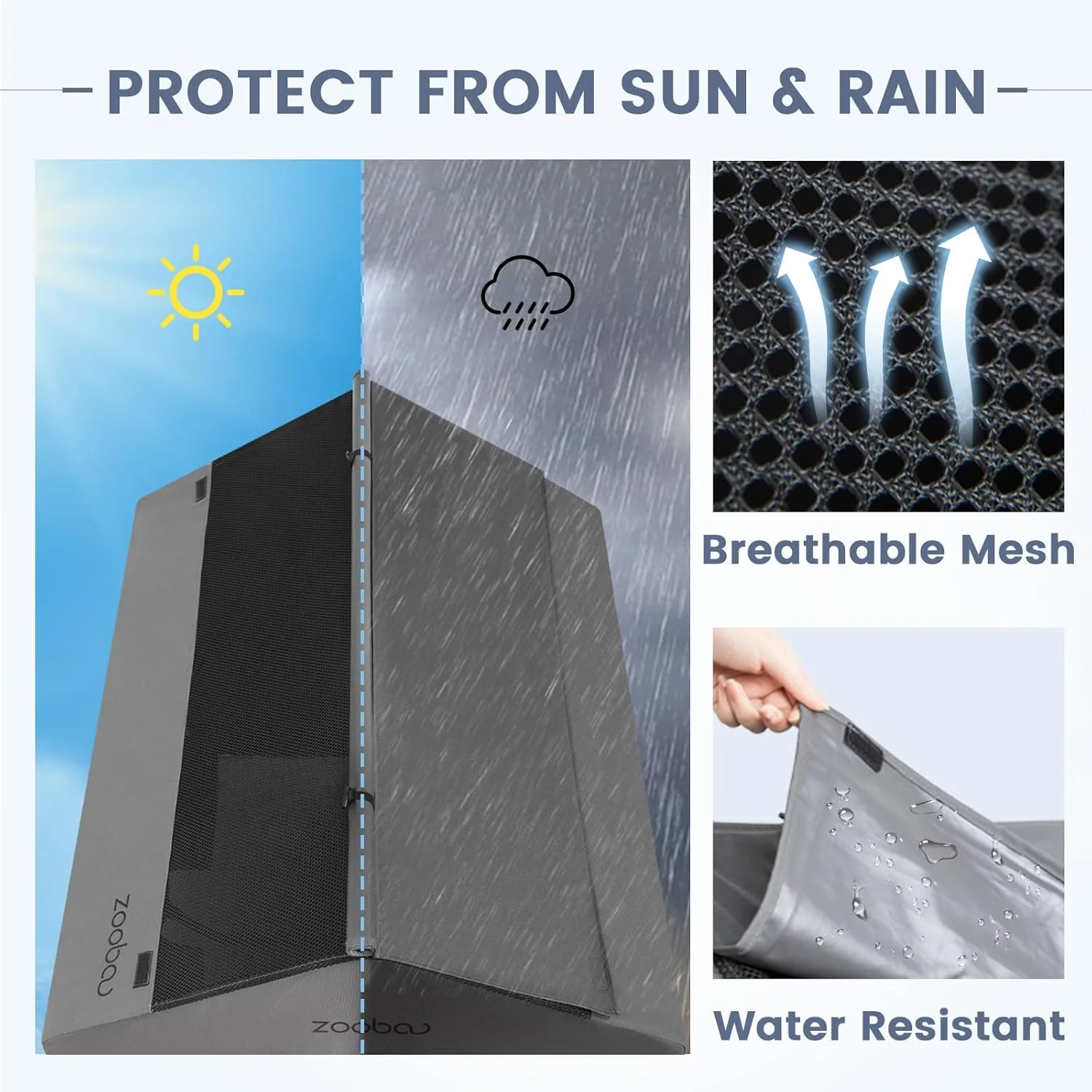 خانه سگ فضای باز زوبا سایز 42 اینچ برای نژادهای بزرگ، پناهگاه سگ بزرگ بادوام با سایبان پی وی سی 600D ضد آب، تخت سگ مرتفع پارچه ای تنفسی 2x1 تکستیلی، لانه سگ XL برای استفاده در فضای باز