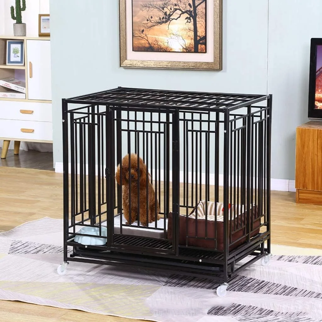 قفس سگ ZLW-Shop، قفس سگ مشکی مناسب فضای داخلی با توالت، حصار سگ، قفس حیوانات خانگی خانگی با سینی و چرخ های ترمز دار