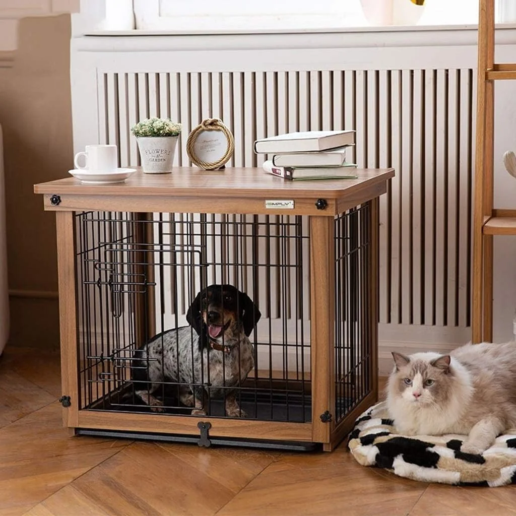 قفس سگ zlw-shop، قفس سگ، حصار داخلی، حصار چوبی، قفس گربه، قفس سگ بیرونی، خانه سگ، توری زیر پا به همراه سینی ABS به همراه قفس به همراه روکش چوبی قهوه ای تیره (سایز: L)