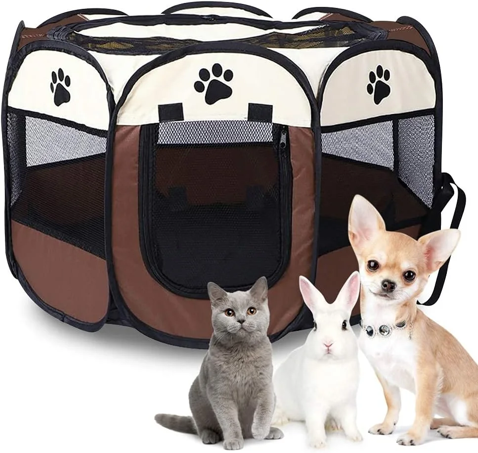 چادر حیوانات خانگی ZGMCGD، قفس توری سگ با درهای زیپ دار، چادر تمرینی بدون نیاز به مونتاژ برای خانه، مسافرت به پارک، چادر بازی حیوانات خانگی با پنل توری 8 طرفه (رنگ قهوه ای، مشکی)