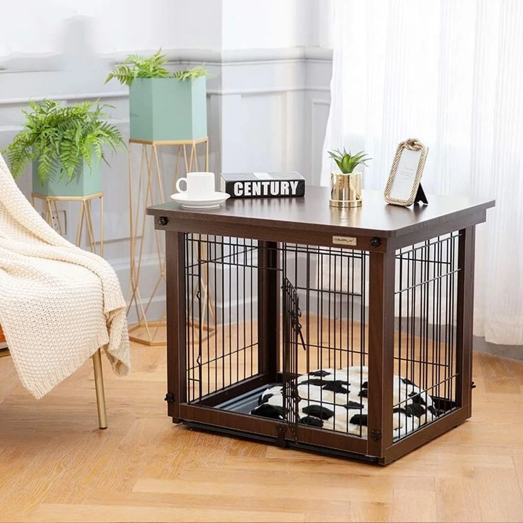 قفس سگ zlw-shop، قفس سگ، حصار داخلی، حصار چوبی، قفس گربه، قفس سگ فضای باز، خانه سگ، توری پله ای به همراه سینی ABS به همراه قفس به همراه روکش چوبی قهوه ای تیره (سایز: S)