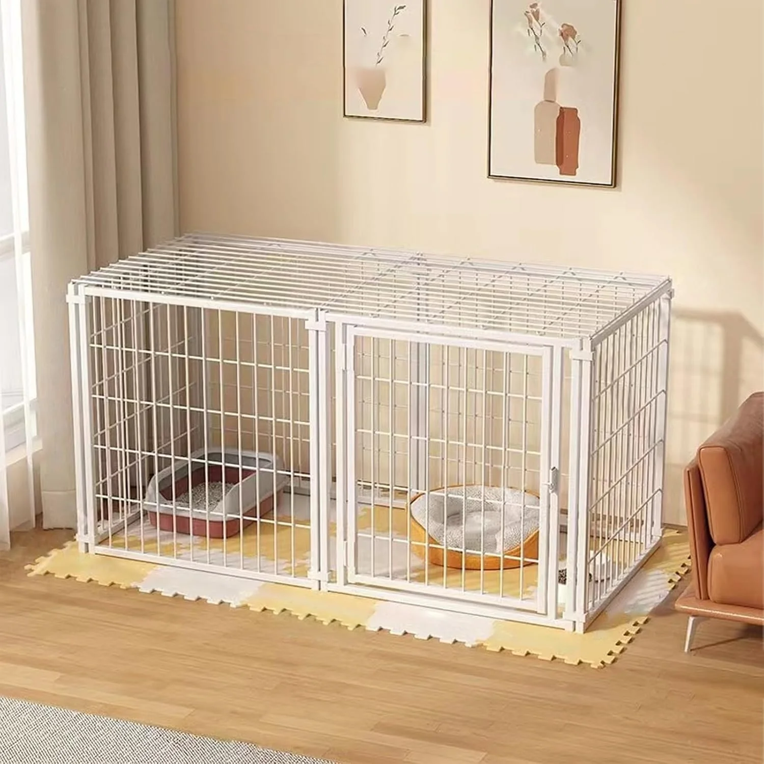 محوطه بازی سگ زیفرسپتس تاشو 6 پنلی، طول 47 اینچ، حصار حیوانات خانگی مناسب فضای باز/داخلی با پوشش بالایی، جعبه حصار قابل حمل برای بازی حیوانات خانگی متوسط/کوچک در کمپینگ RV (سفید)