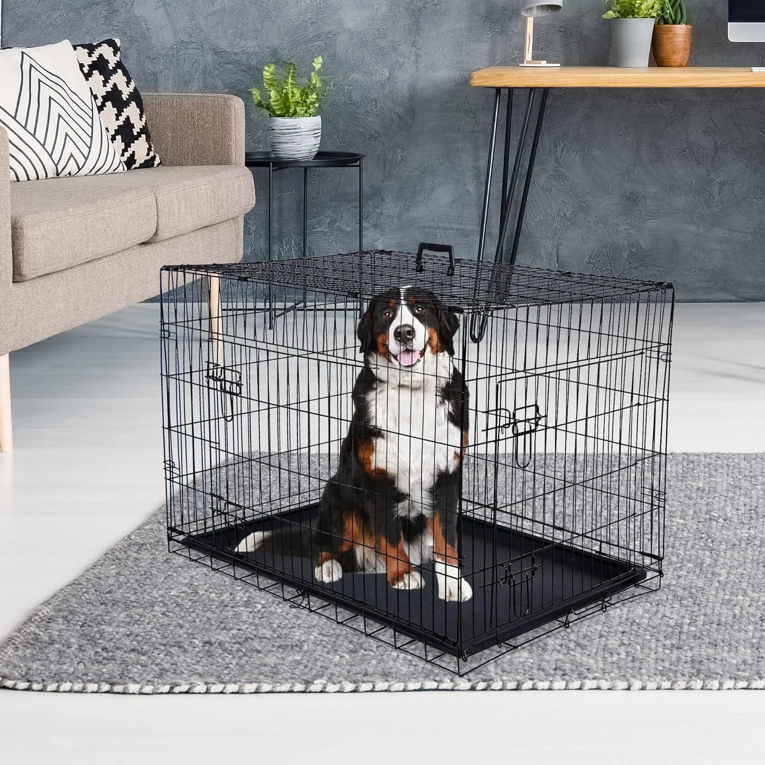 قفس سگ ۳۶ اینچی ZENY، قفس فلزی تاشو دو درب برای سگ یا حیوانات خانگی به همراه سینی و دسته