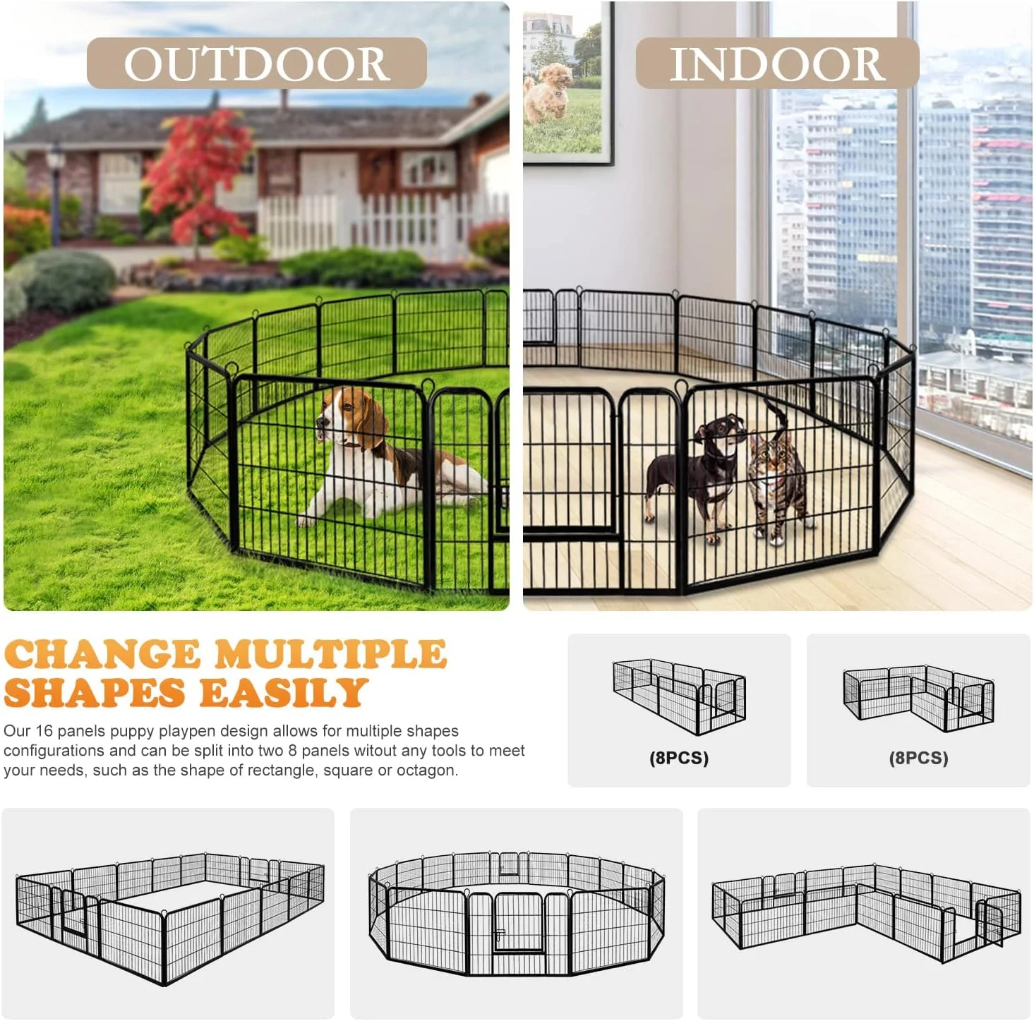 قفس تاشو فلزی تمرینی و بازی حیوانات خانگی زنی، مناسب سگ، گربه، توله سگ، حصار تمرینی، محوطه بازی، لانه - 16 پنل، ابعاد 78.74 * 60.96 سانتی متر