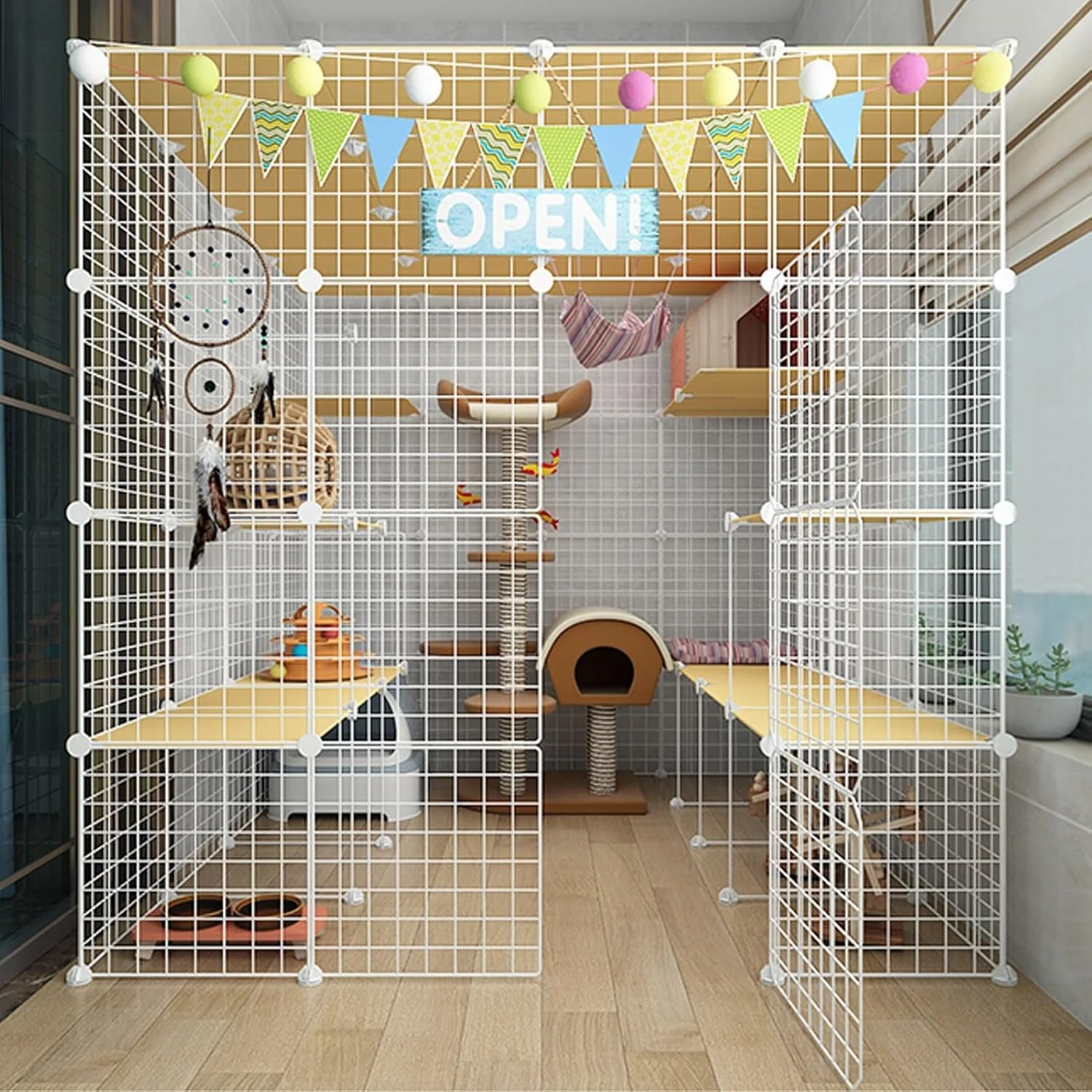 قفس بازی گربه YUGXTH، قفس حیوانات خانگی برای گربه ها، محوطه های بزرگ 2/3 طبقه برای گربه ها، قفس های سیمی فلزی DIY، محل ورزش بزرگ، تمیز کردن آسان (رنگ: سفید D، اندازه: 58x58x58 اینچ/147x147x146 سانتی متر)