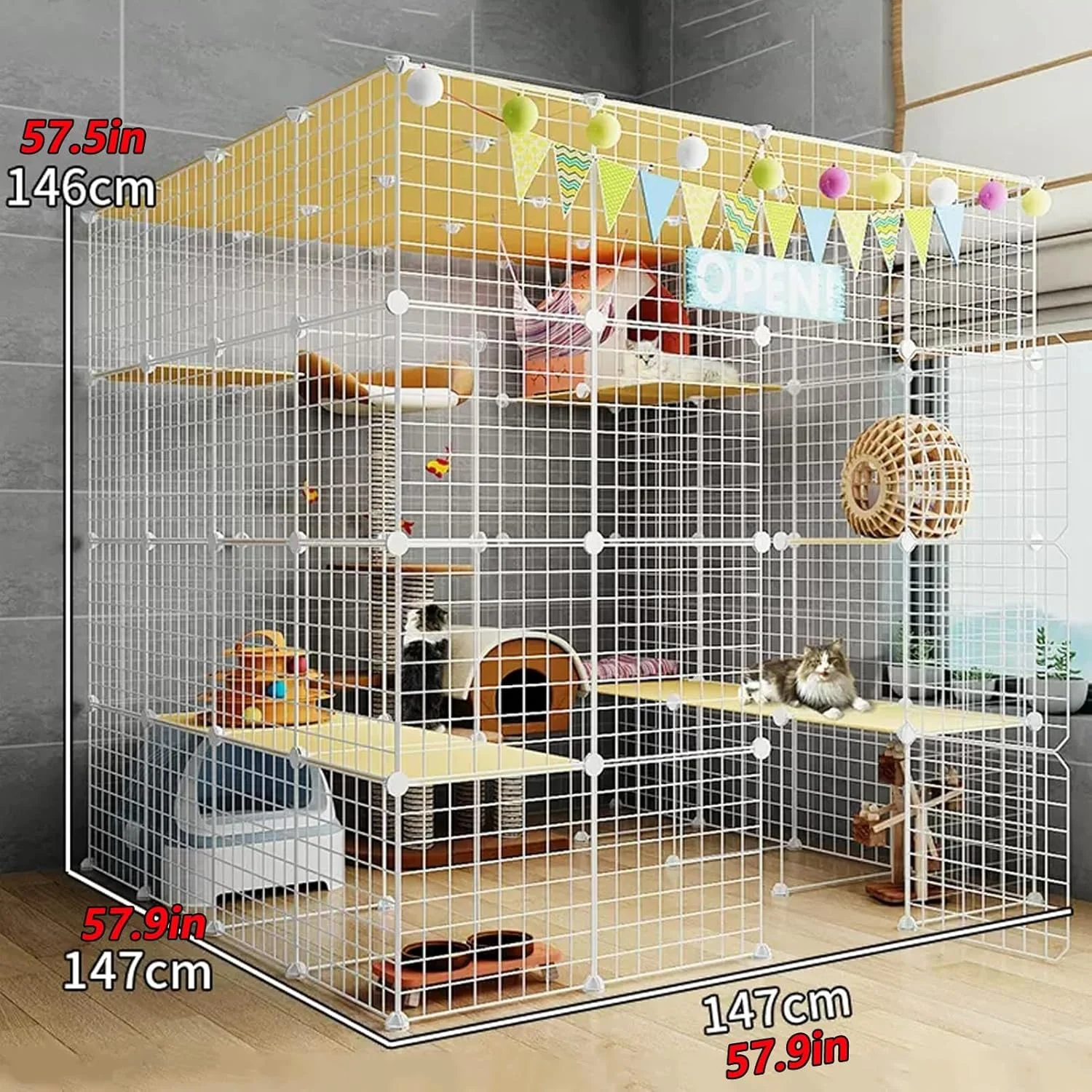 قفس بازی گربه YUGXTH، قفس حیوانات خانگی برای گربه ها، محوطه های بزرگ 2/3 طبقه برای گربه ها، قفس های سیمی فلزی DIY، محل ورزش بزرگ، تمیز کردن آسان (رنگ: سفید D، اندازه: 58x58x58 اینچ/147x147x146 سانتی متر)