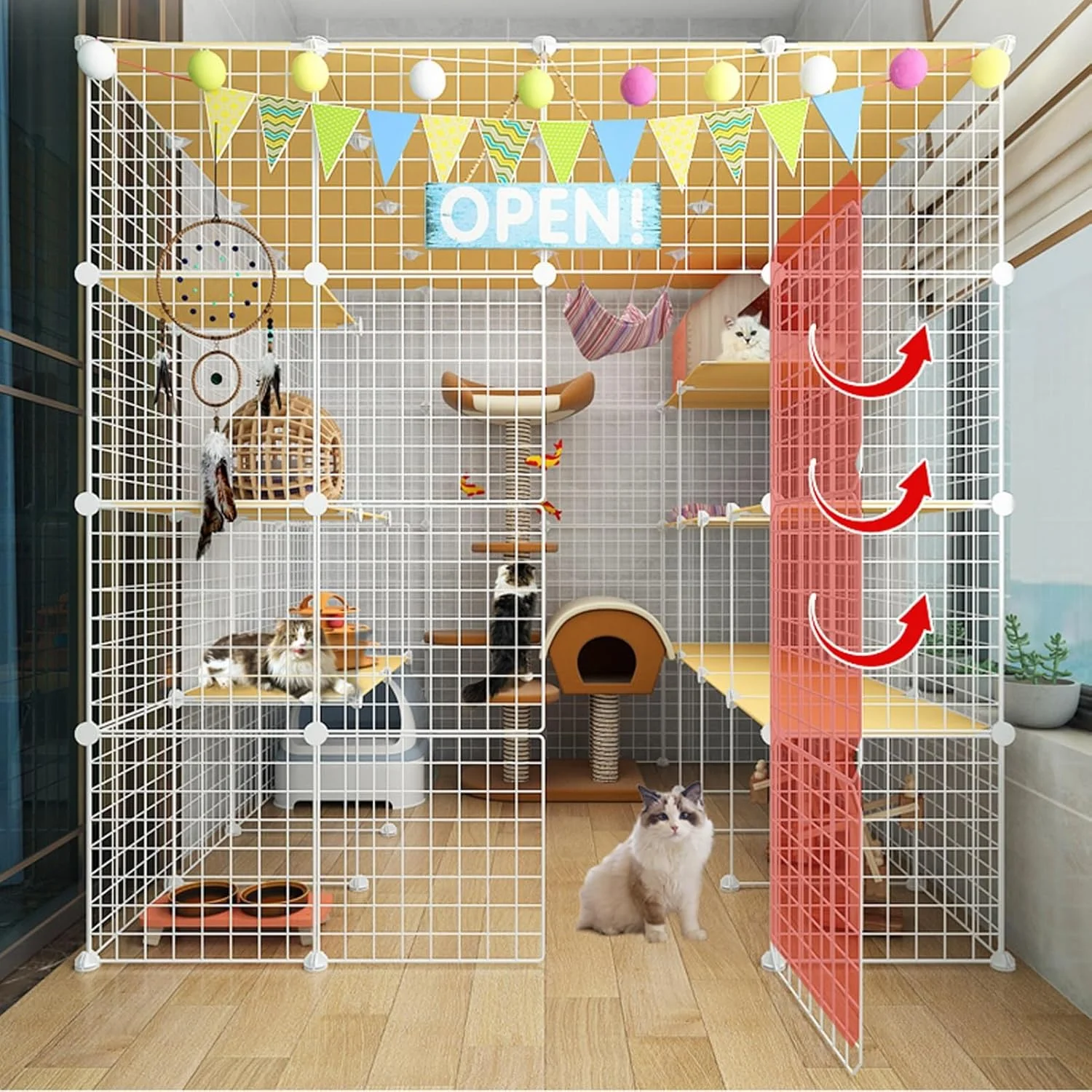 قفس بازی گربه YUGXTH، قفس حیوانات خانگی برای گربه ها، محوطه های بزرگ 2/3 طبقه برای گربه ها، قفس های سیمی فلزی DIY، محل ورزش بزرگ، تمیز کردن آسان (رنگ: سفید D، اندازه: 58x58x58 اینچ/147x147x146 سانتی متر)
