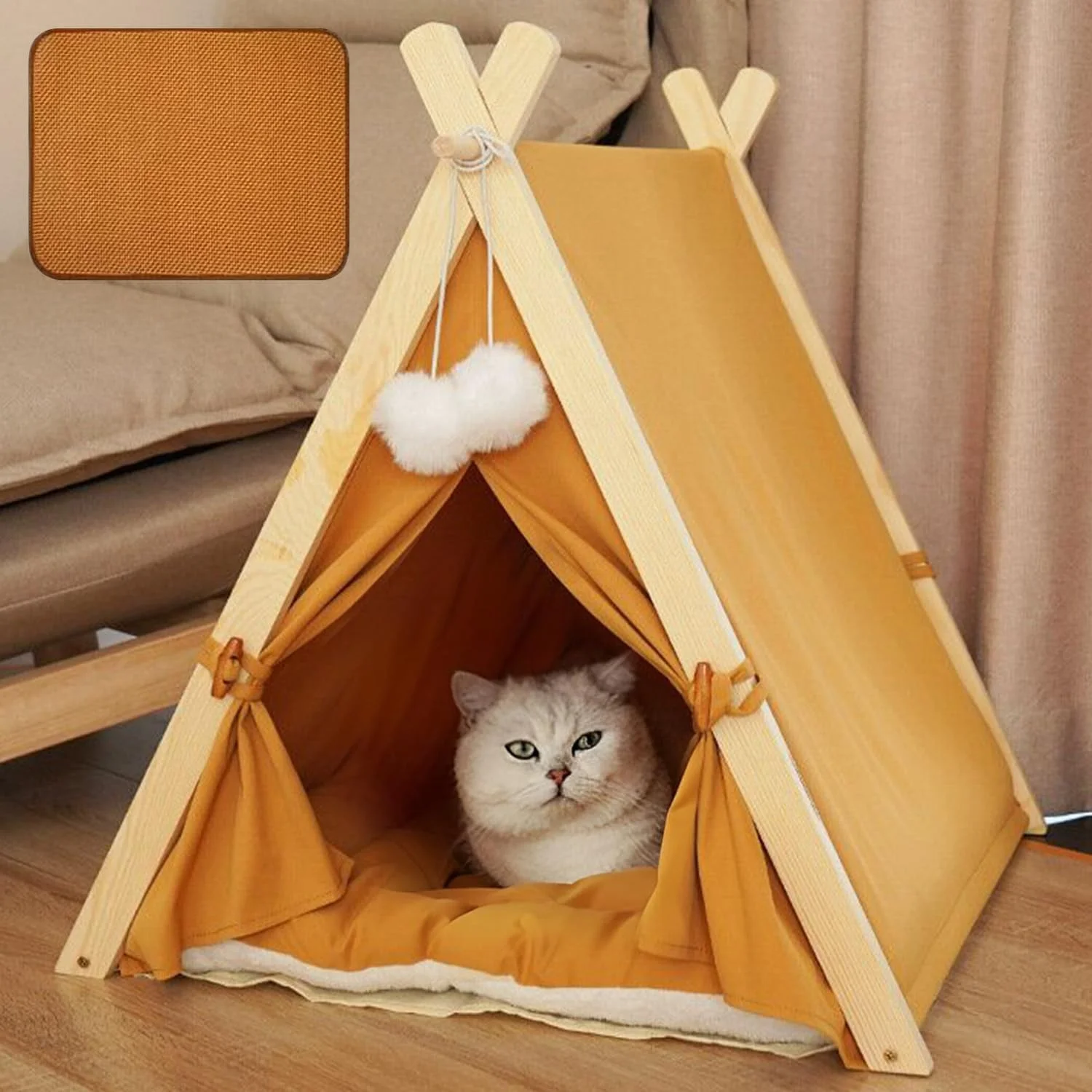 چادر سرخپوستی حیوانات خانگی YOUWE7، چادر سگ، خانه تخت چادر سرخپوستی گربه و سگ، چادر حیوانات خانگی مناسب فضای داخلی، خانه بازی تاشو حیوانات خانگی/تخت گربه و سگ با کوسن قابل جابجایی و شستشو و حصیر بامبو برای مسافرت و کمپینگ (زرد)