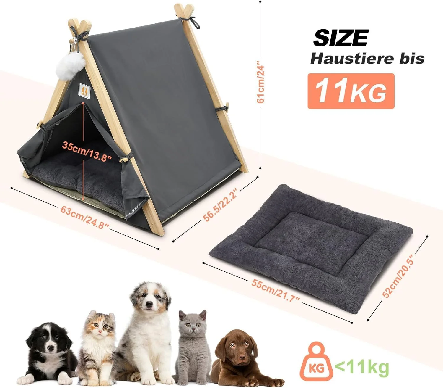 چادر سرخپوستی حیوانات خانگی YOUWE7، چادر سگ، خانه تخت چادر سرخپوستی گربه و سگ، چادر حیوانات خانگی مناسب فضای داخلی، خانه بازی تاشو حیوانات خانگی/تخت گربه و سگ با کوسن قابل جابجایی و شستشو و حصیر بامبو برای مسافرت و کمپینگ (زرد)