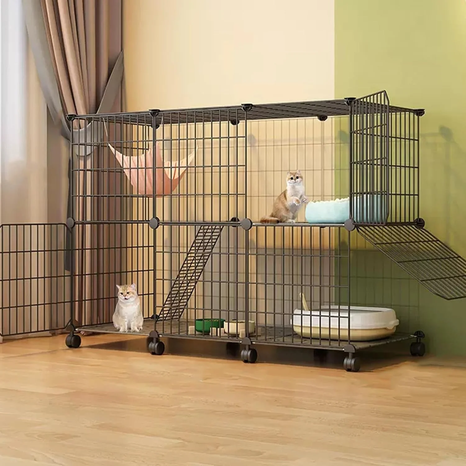 قفس سیمی گربه دو/سه طبقه YUGXTH، محوطه بازی گربه با چرخ‌های 360 درجه و نردبان، محفظه حیوانات خانگی قابل جدا شدن، مناسب برای 1-3 گربه و حیوانات کوچک (رنگ: مشکی D، سایز: 109x49x79cm/43x19x31 اینچ)