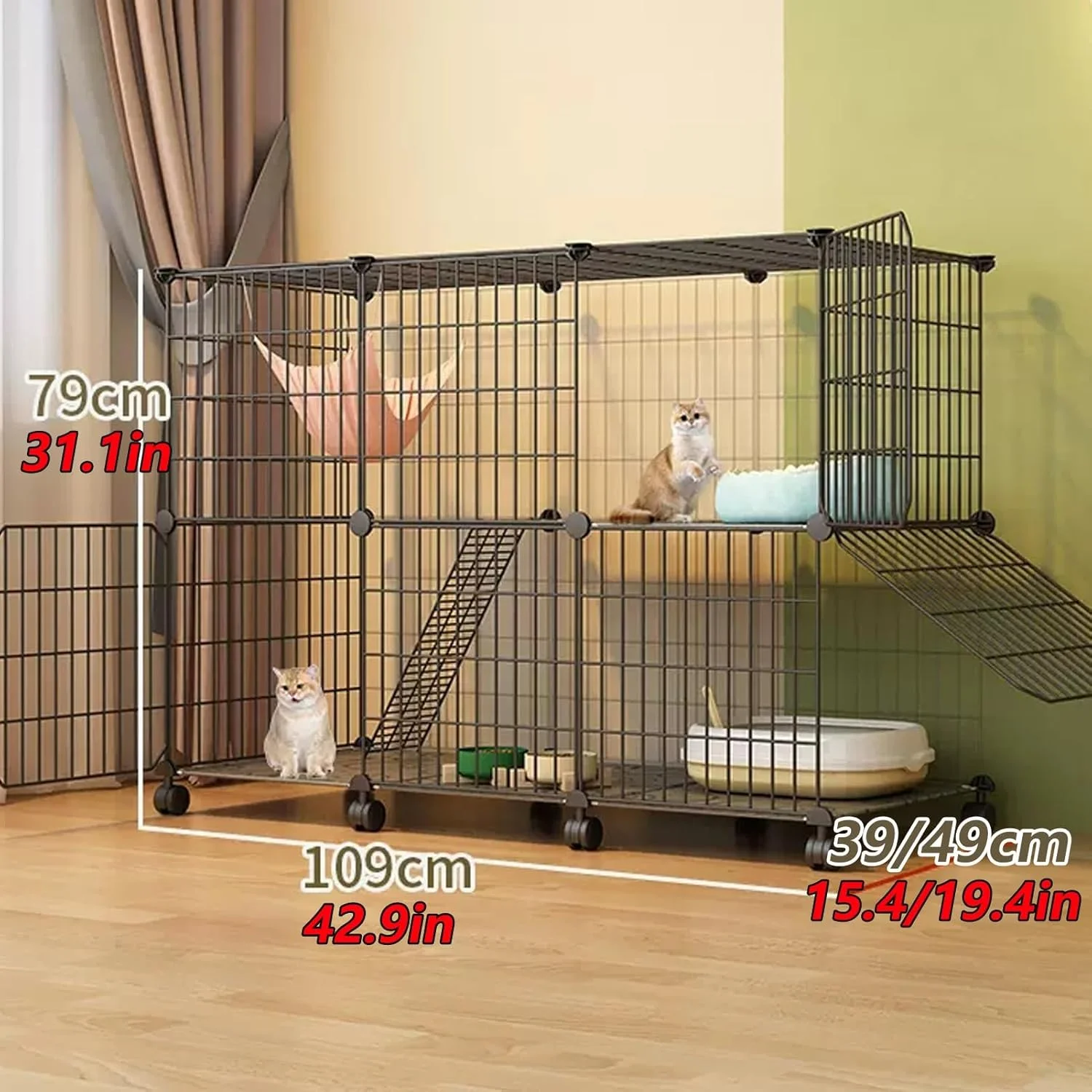 قفس سیمی گربه دو/سه طبقه YUGXTH، محوطه بازی گربه با چرخ‌های 360 درجه و نردبان، محفظه حیوانات خانگی قابل جدا شدن، مناسب برای 1-3 گربه و حیوانات کوچک (رنگ: مشکی D، سایز: 109x49x79cm/43x19x31 اینچ)