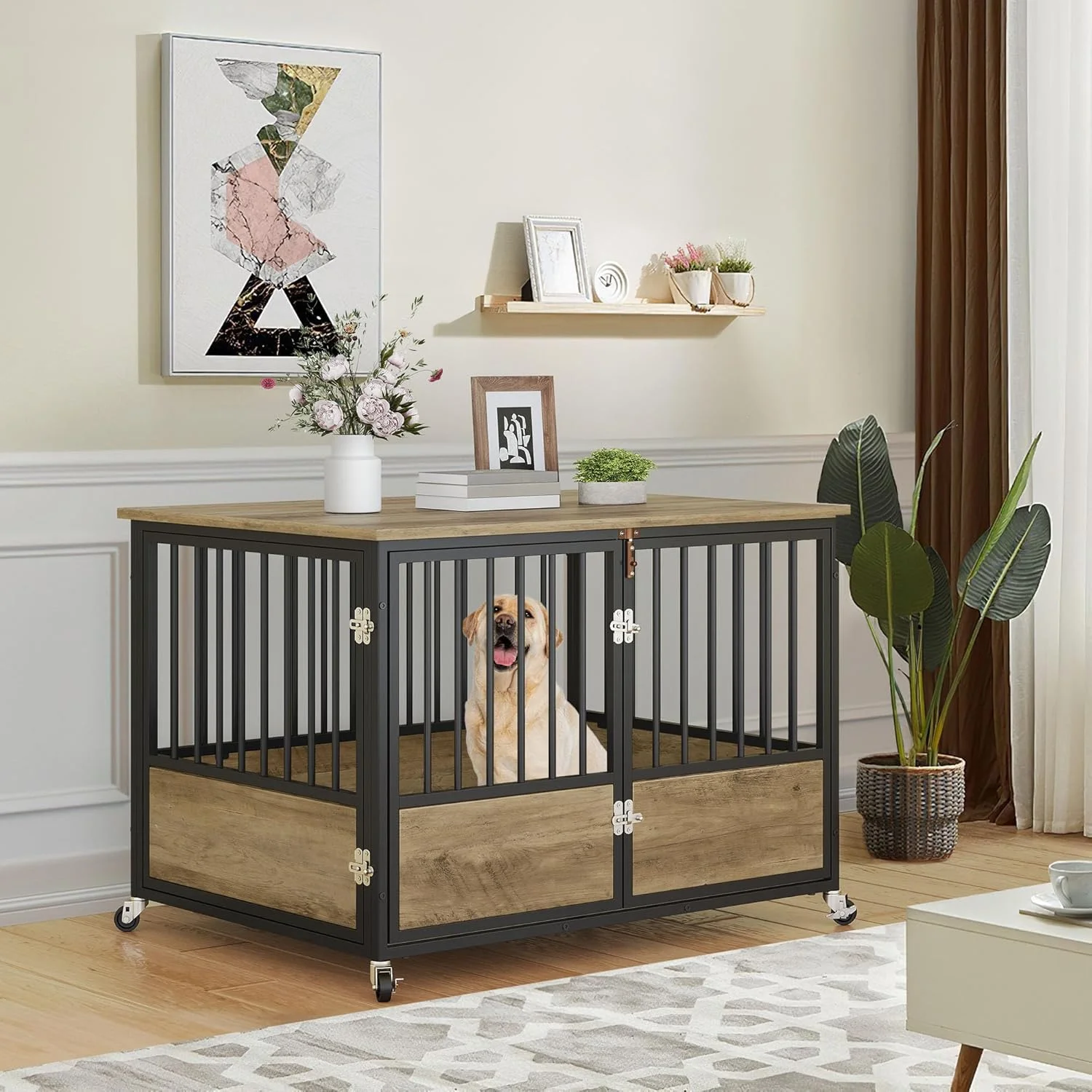 قفس سگ مبلمان YITAHOME با چرخ، میز قفس سگ چوبی مقاوم با دو درب، لانه سگ چوبی مقاوم در برابر جویدن برای سگ های بزرگ و متوسط ​​رنگ طوسی