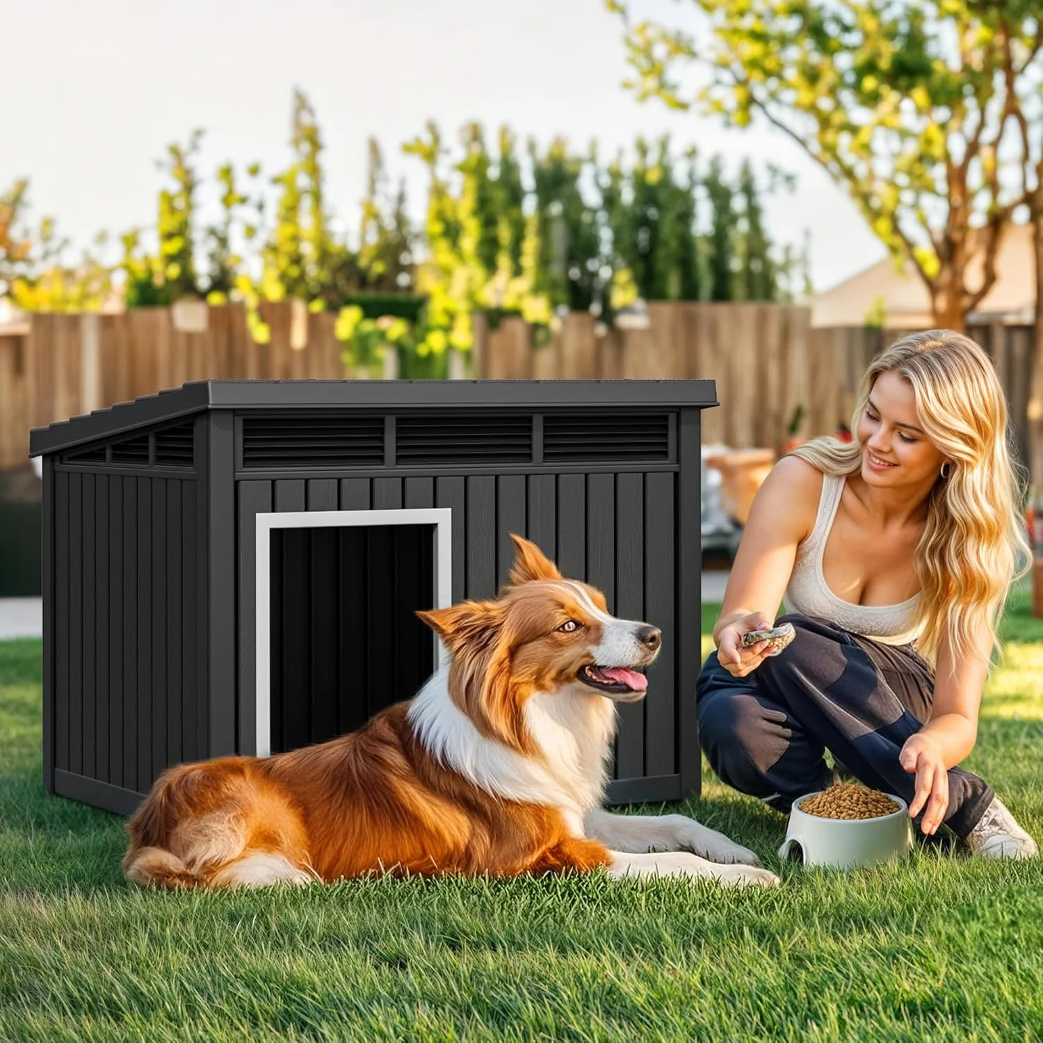 خانه سگ پلاستیکی YITAHOME، لانه سگ داخلی و خارجی با سقف شیبدار بالارونده، ضد آب و دارای تهویه برای سگ های کوچک تا متوسط، طراحی آسان برای تمیز کردن، مشکی