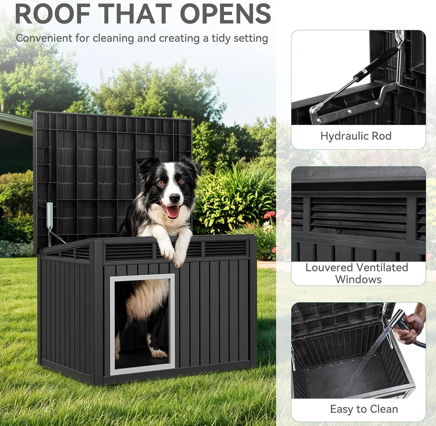 خانه سگ پلاستیکی YITAHOME، لانه سگ داخلی و خارجی با سقف شیبدار بالارونده، ضد آب و دارای تهویه برای سگ های کوچک تا متوسط، طراحی آسان برای تمیز کردن، مشکی