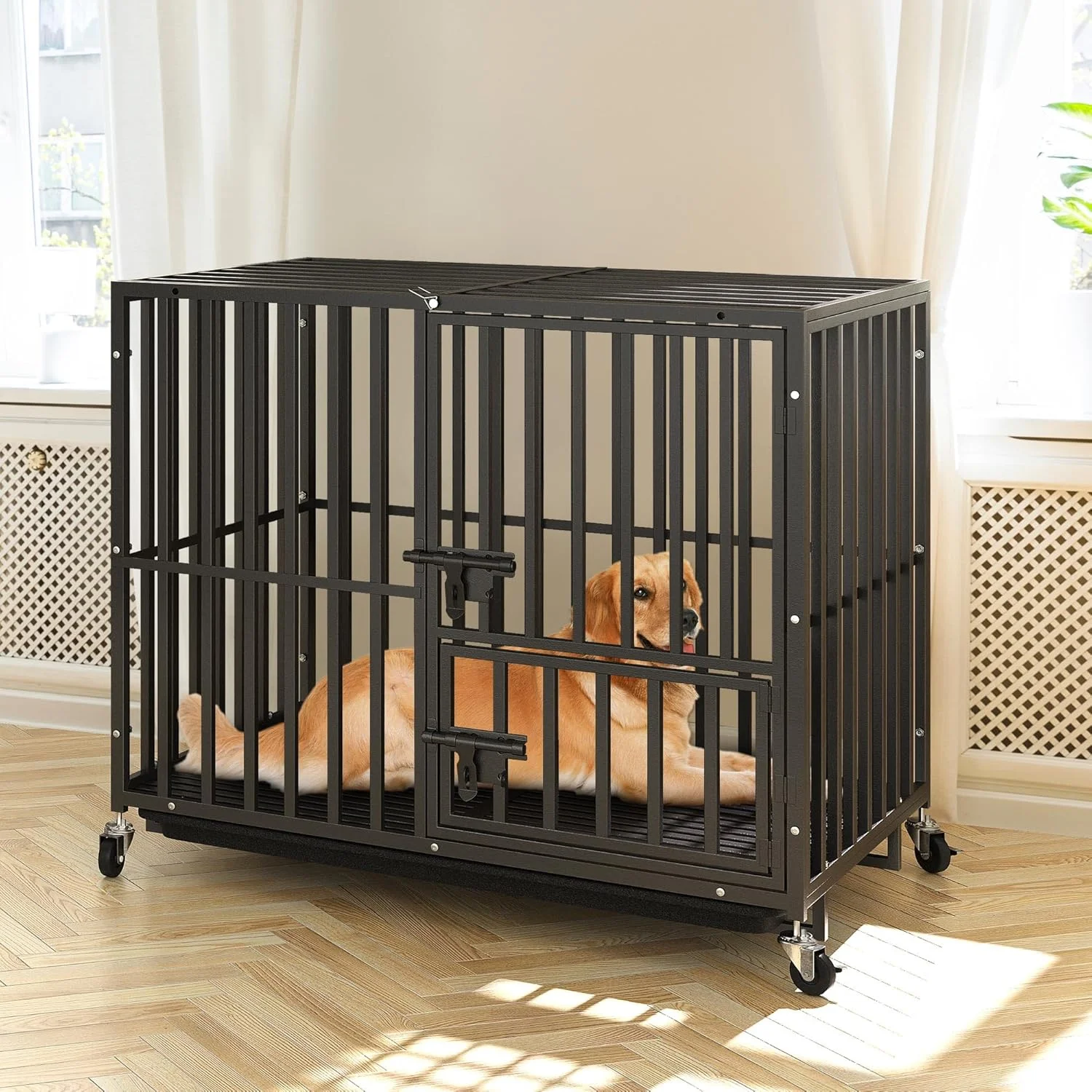 قفس سگ سنگین YITAHOME برای سگ های کوچک و متوسط، لانه سگ فلزی 38 اینچی مناسب فضای داخلی با چرخ، قفس سگ با اضطراب بالا، قفس بزرگ سگ با طراحی ضد فرار، دارای سه درب و سینی قابل جابجایی