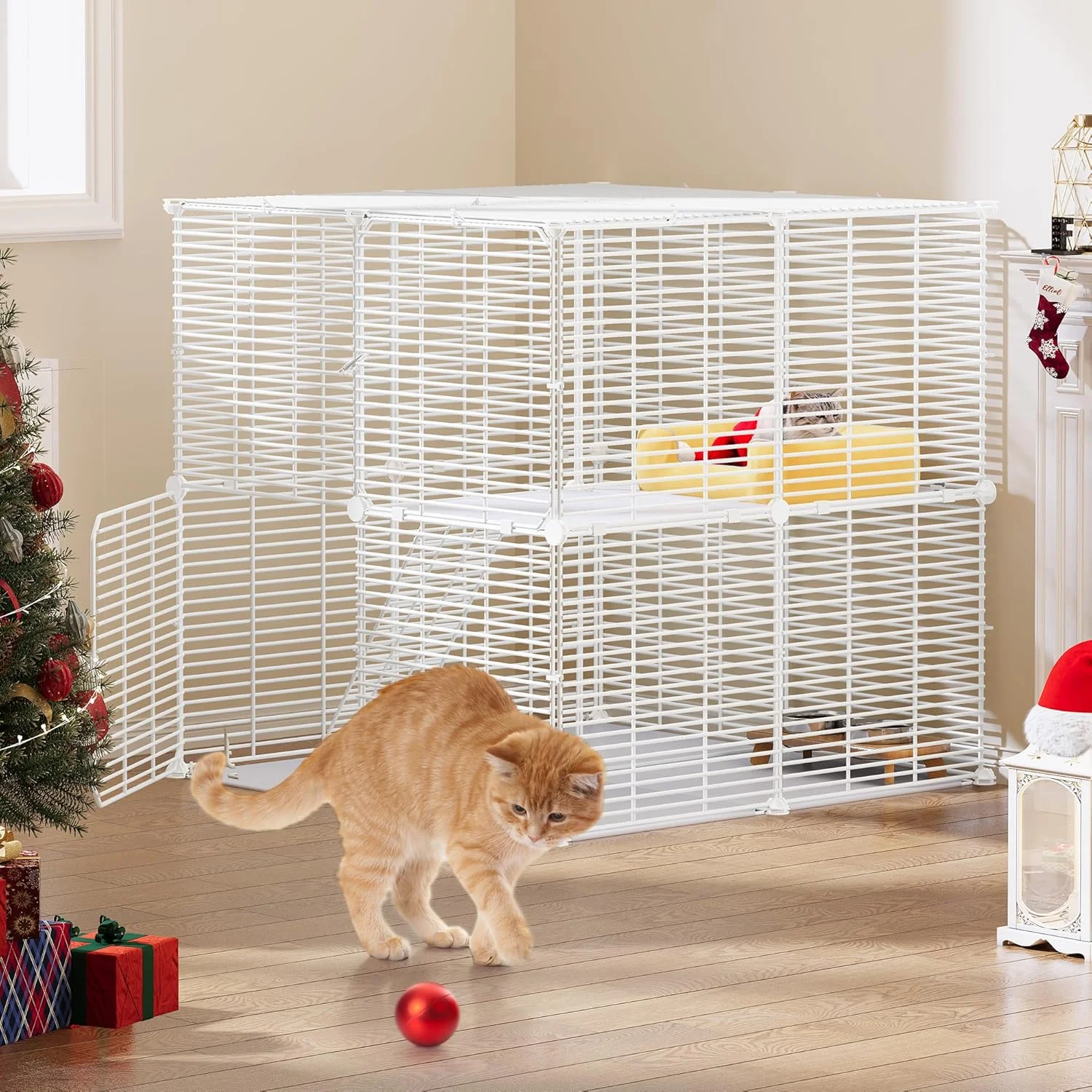 قفس گربه خانگی YITAHOME با سیم فلزی متراکم، محوطه گربه DIY Catio با 2 درب، 1 نردبان، لانه بازی گربه 2 طبقه، قفس حیوانات برای گربه ها، خرگوش، چینچیلا، سفید، 71x71x71 سانتی متر