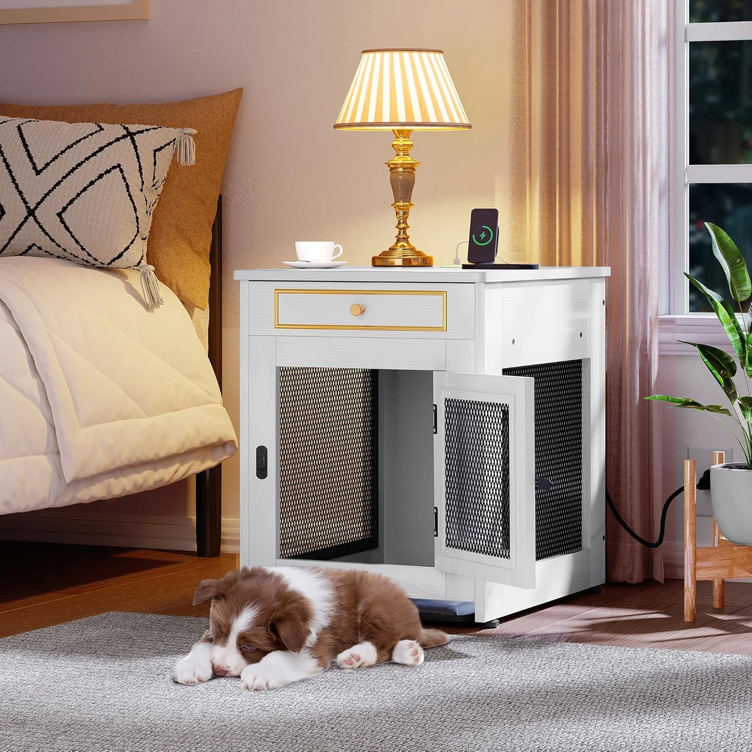 قفس سگ مبلمان YITAHOME با شارژر USB دوگانه، میز کنار تختی چوبی لانه سگ با سینی کوسن دار، کشو برای سگ های کوچک زیر 11 کیلوگرم، مناسب استفاده در فضای داخلی، سفید