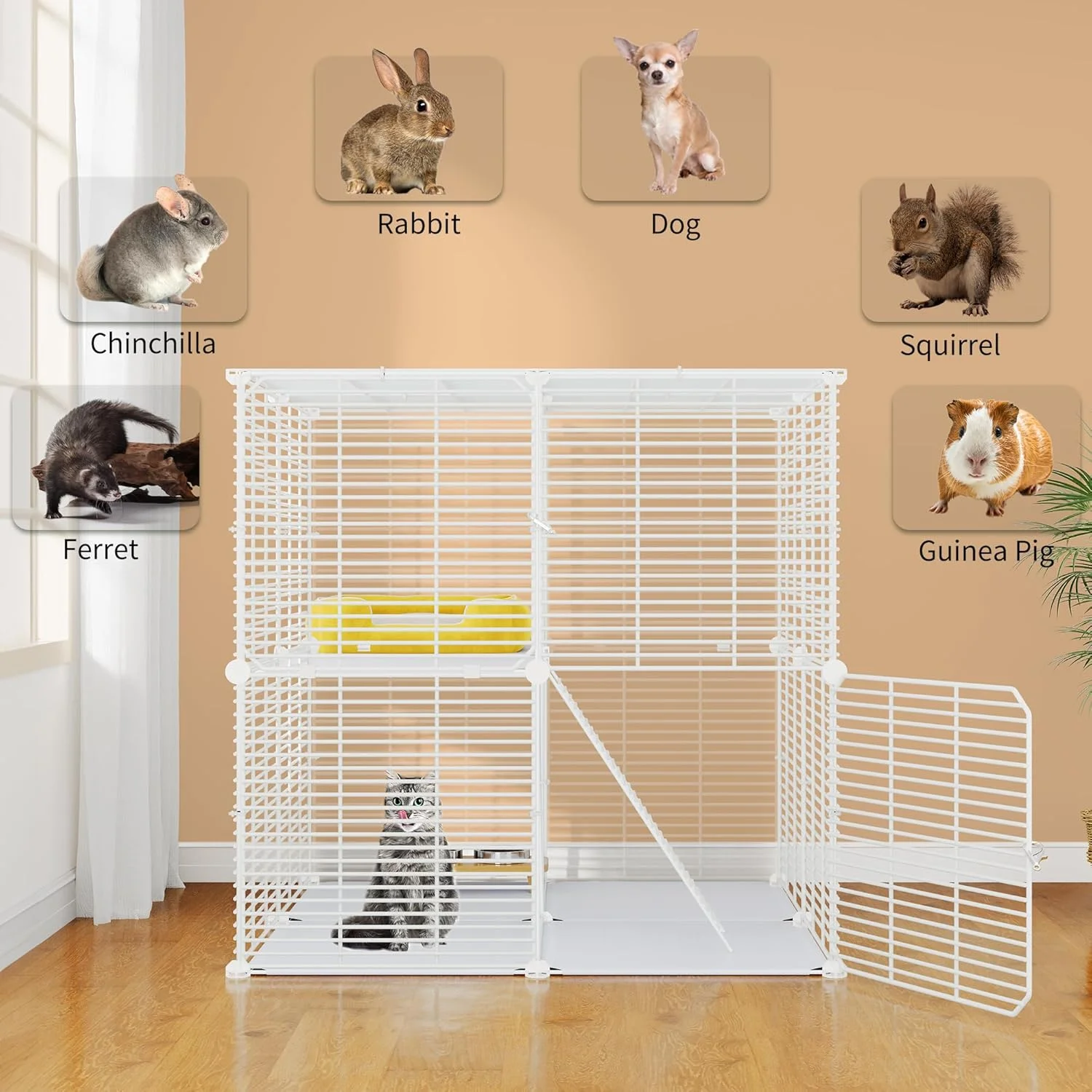 قفس گربه خانگی YITAHOME با سیم فلزی متراکم، محوطه گربه DIY Catio با 2 درب، 1 نردبان، لانه بازی گربه 2 طبقه، قفس حیوانات برای گربه ها، خرگوش، چینچیلا، سفید، 71x71x71 سانتی متر