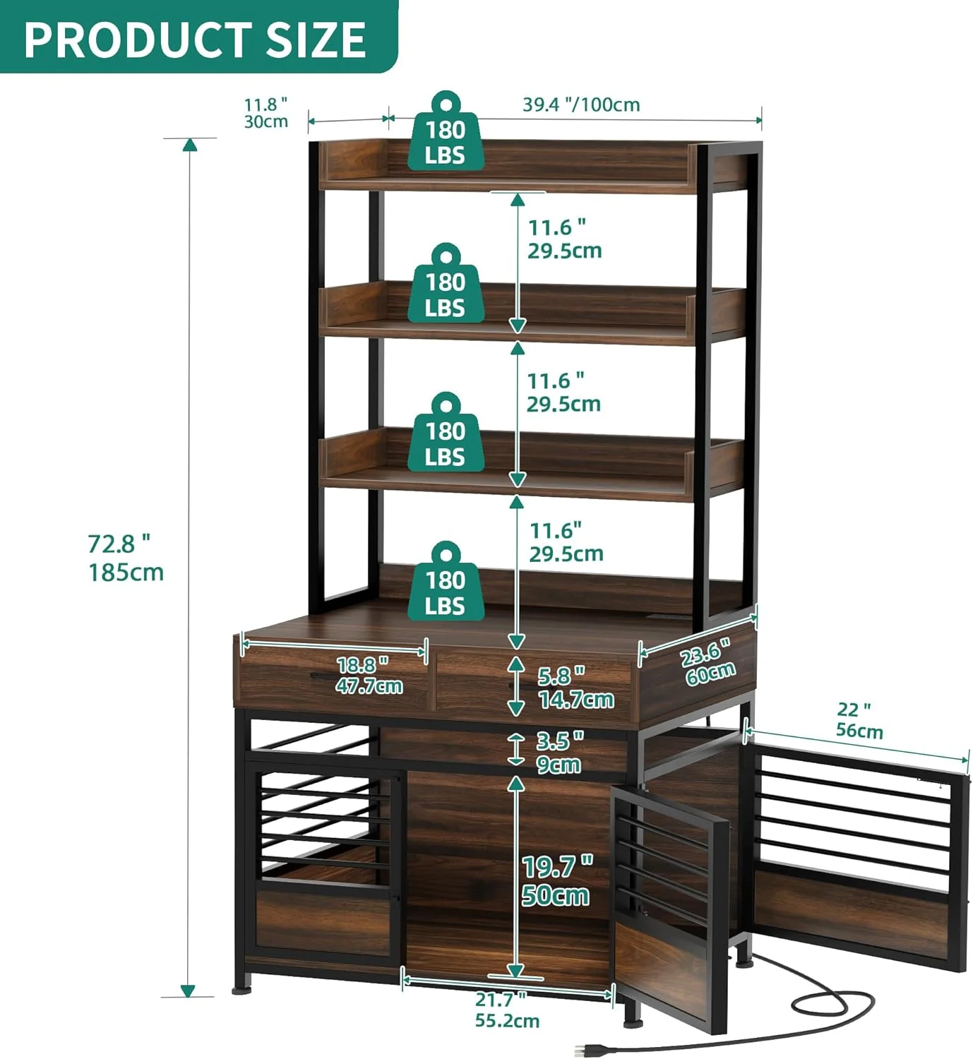 قفس سگ مبلمان YITAHOME با قفسه های ذخیره سازی 39 اینچی، قفس سگ چوبی برای سگ های بزرگ با پریز برق، لانه سگ داخلی کلبه ای تزئینی با درب های دوتایی و کشو، قهوه ای روستایی