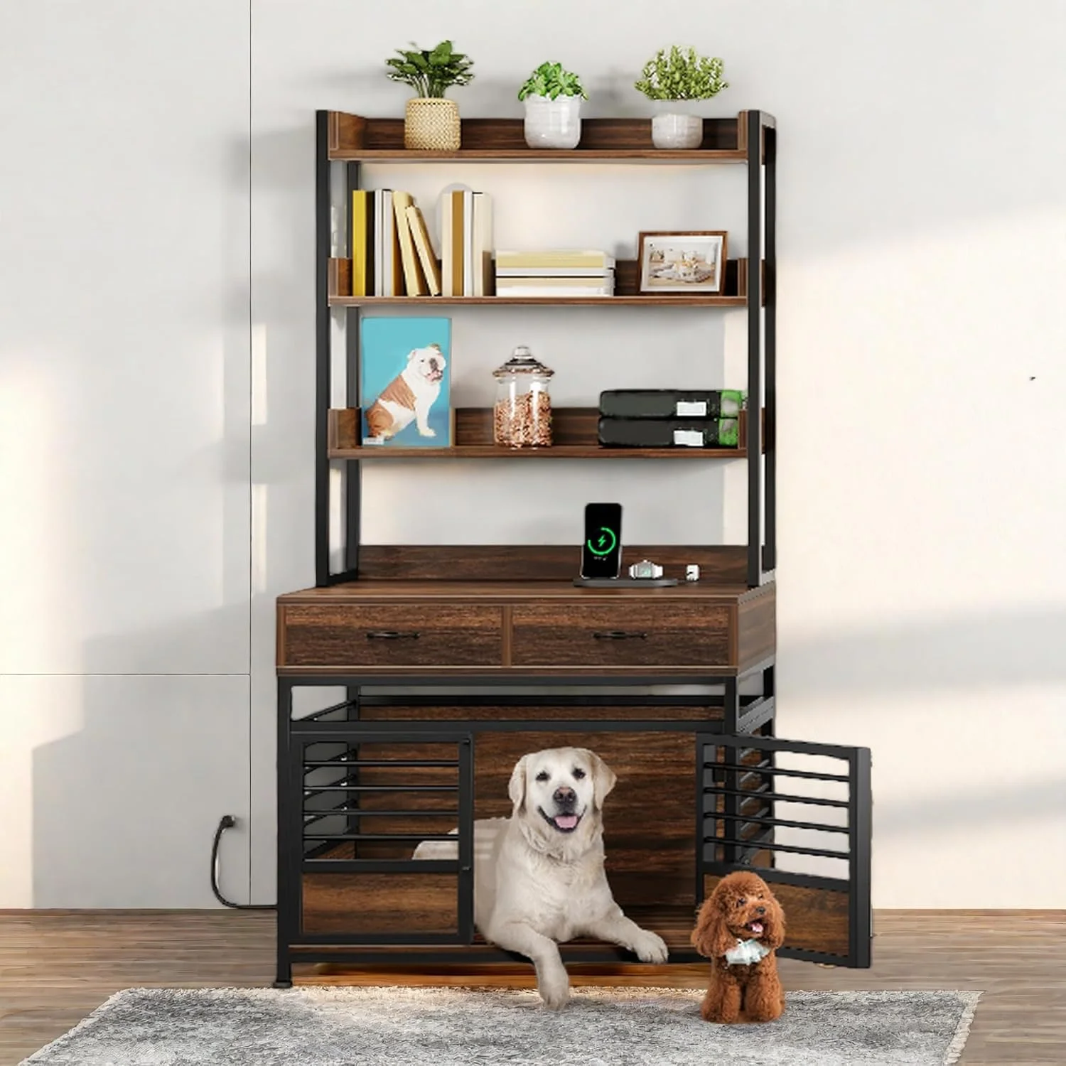 قفس سگ مبلمان YITAHOME با قفسه های ذخیره سازی 39 اینچی، قفس سگ چوبی برای سگ های بزرگ با پریز برق، لانه سگ داخلی کلبه ای تزئینی با درب های دوتایی و کشو، قهوه ای روستایی