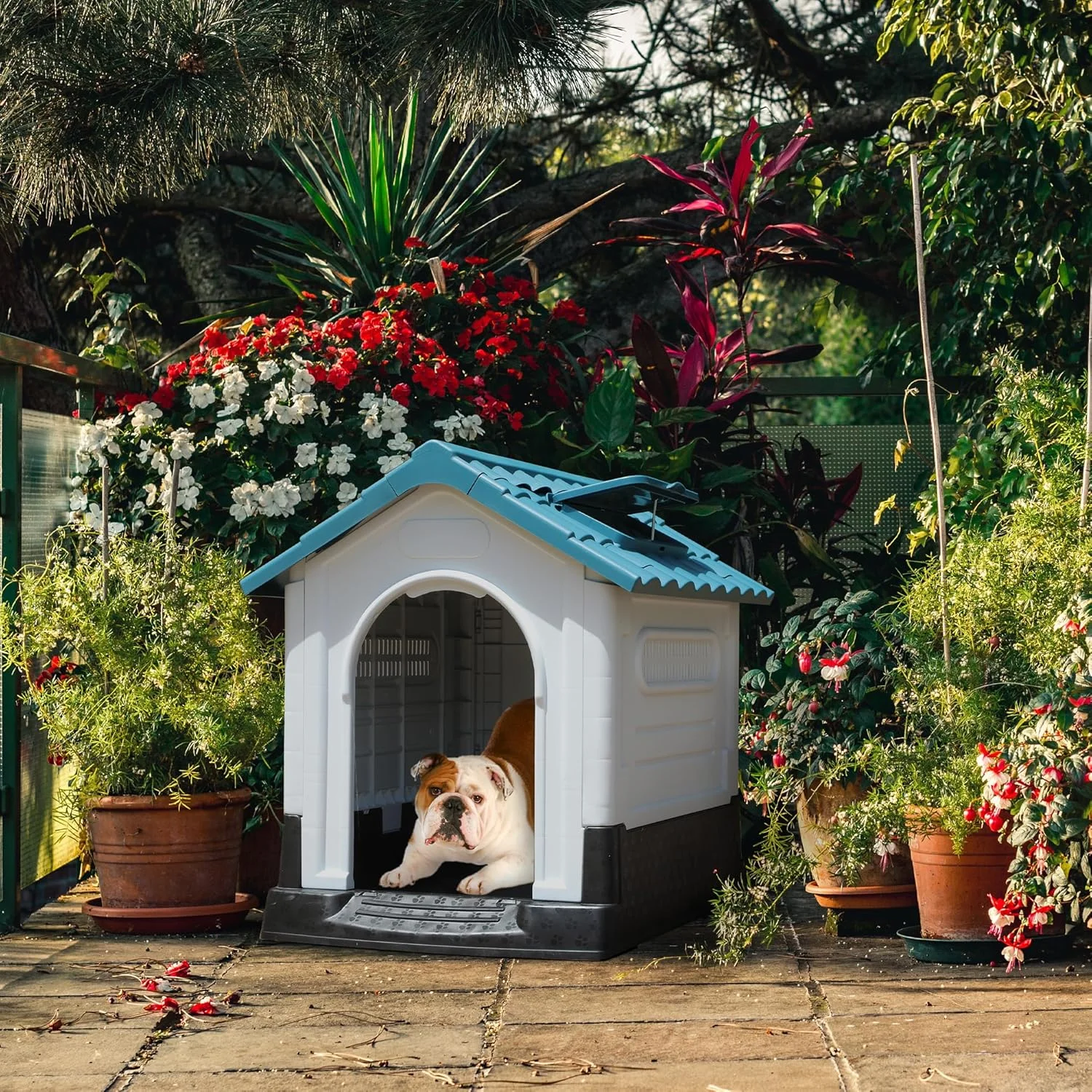 خانه سگ بزرگ تاشو YITAHOME با نورگیر قابل تنظیم و پایه مرتفع، خانه حیوانات خانگی ضد آب برای سگ های کوچک (26.8''L*22.4''W*26''H)