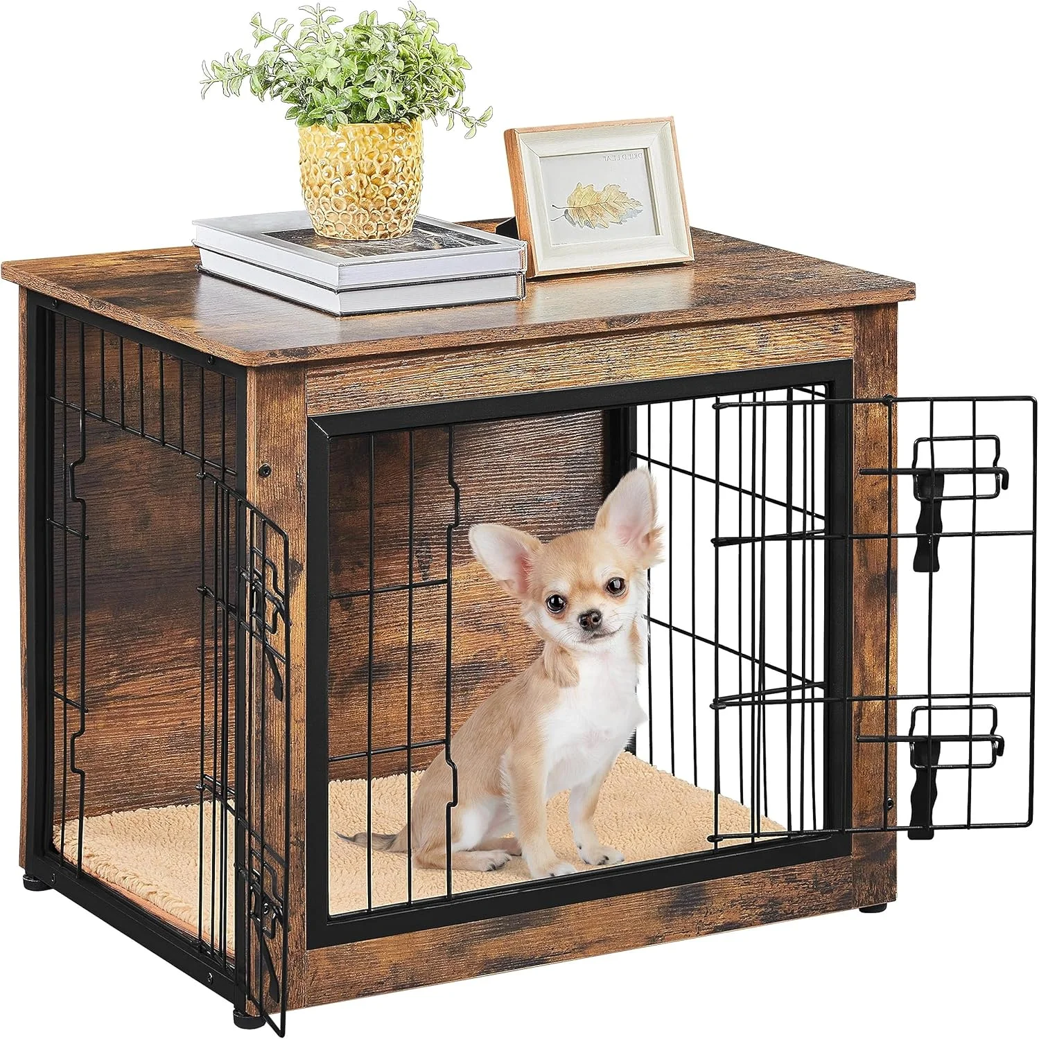 میز کنار مبلی قفس سگ خانگی Yaheetech با کوسن و دو درب برای توله سگ ها، شیهواهوا، یورکشایر، پامرانین، قفس سگ کوچک، 69x51x61 سانتی متر، قهوه ای روستیک