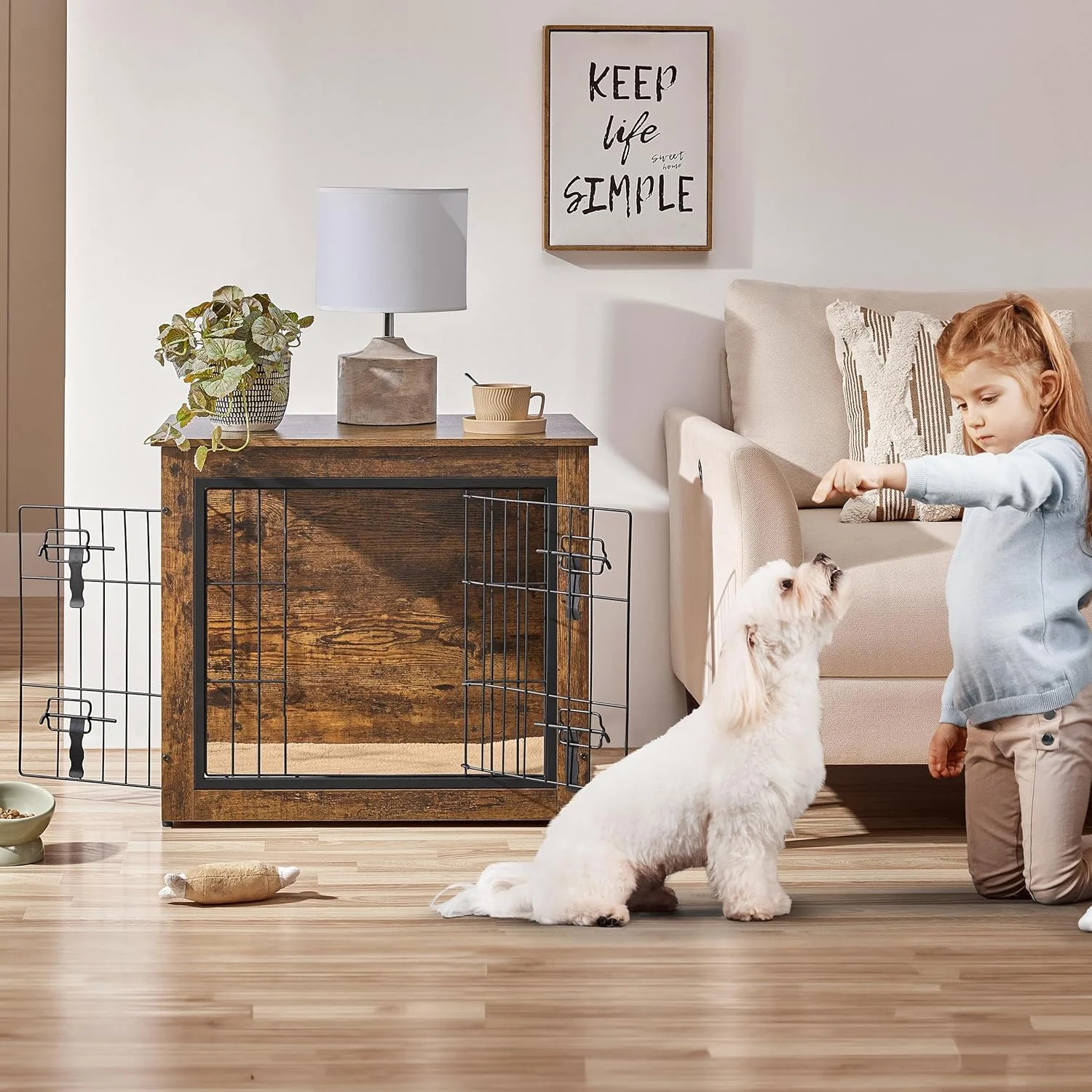 میز کنار مبلی قفس سگ خانگی Yaheetech با کوسن و دو درب برای توله سگ ها، شیهواهوا، یورکشایر، پامرانین، قفس سگ کوچک، 69x51x61 سانتی متر، قهوه ای روستیک