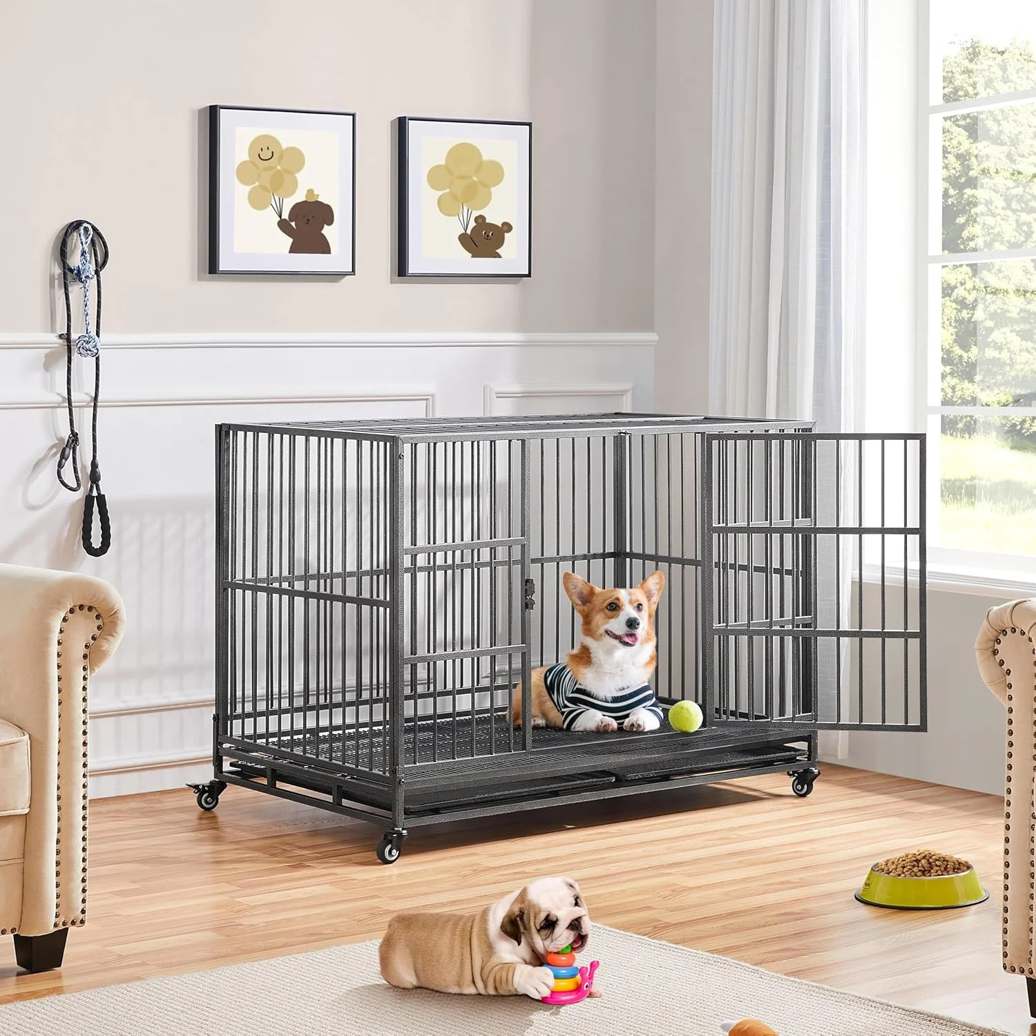 قفس سگ Yaheetech سایز خیلی بزرگ 48 اینچی، قفس سگ XXL غیرقابل تخریب با 2 درب/چرخ های قفل شونده/سینی های قابل جابجایی برای داخل/خارج از خانه