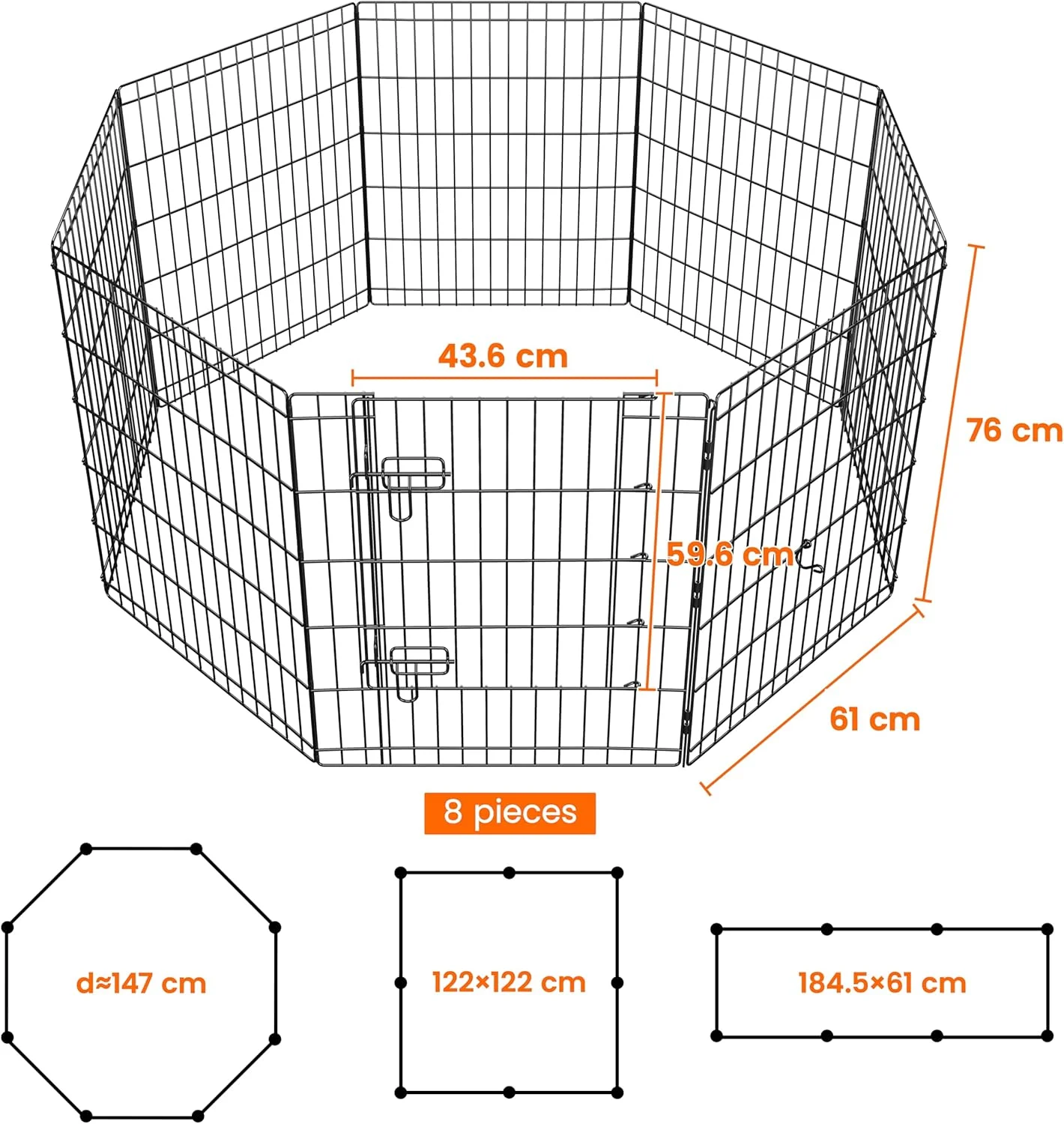 فنس سگ فلزی Yaheetech، 8 تکه، فنس بازی، قفس برای حیوانات کوچک، حیوانات خانگی، توله سگ ها، محوطه بازی تاشو، 61 x 76 سانتی متر