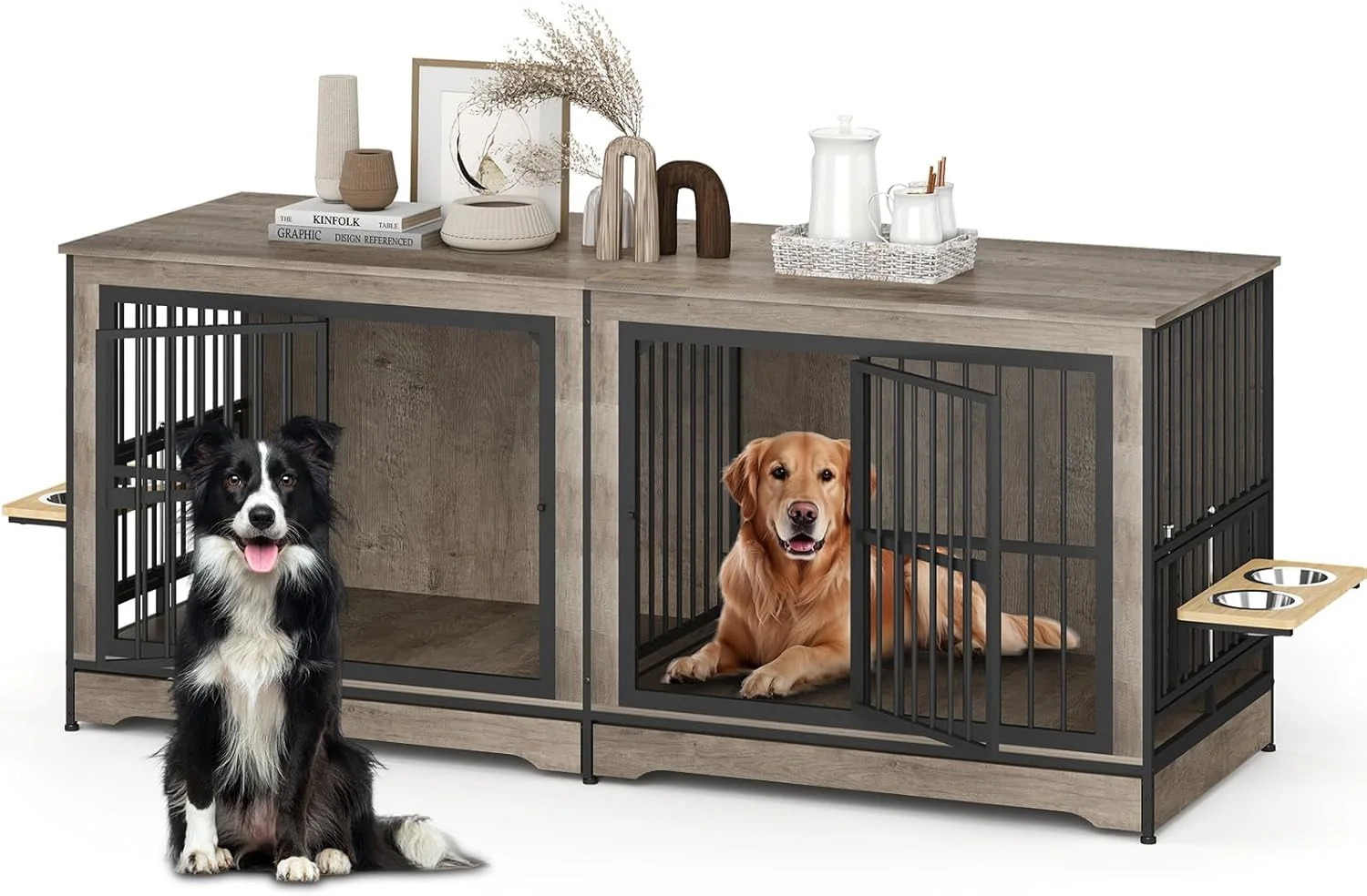 قفس سگ دو نفره یافیلی 78 اینچی، مبلمان برای 2 سگ، قفس سگ دو نفره با پایه نگهدارنده کاسه سگ با قابلیت چرخش 360 درجه و ارتفاع قابل تنظیم به همراه 4 کاسه، قفس سگ خاکستری با جداکننده برای سگ های کوچک، متوسط و بزرگ