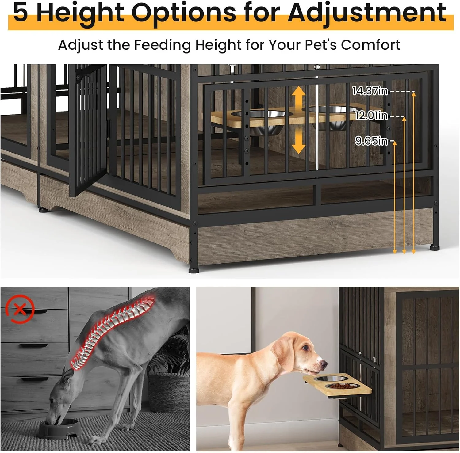 قفس سگ دو نفره یافیلی 78 اینچی، مبلمان برای 2 سگ، قفس سگ دو نفره با پایه نگهدارنده کاسه سگ با قابلیت چرخش 360 درجه و ارتفاع قابل تنظیم به همراه 4 کاسه، قفس سگ خاکستری با جداکننده برای سگ های کوچک، متوسط و بزرگ