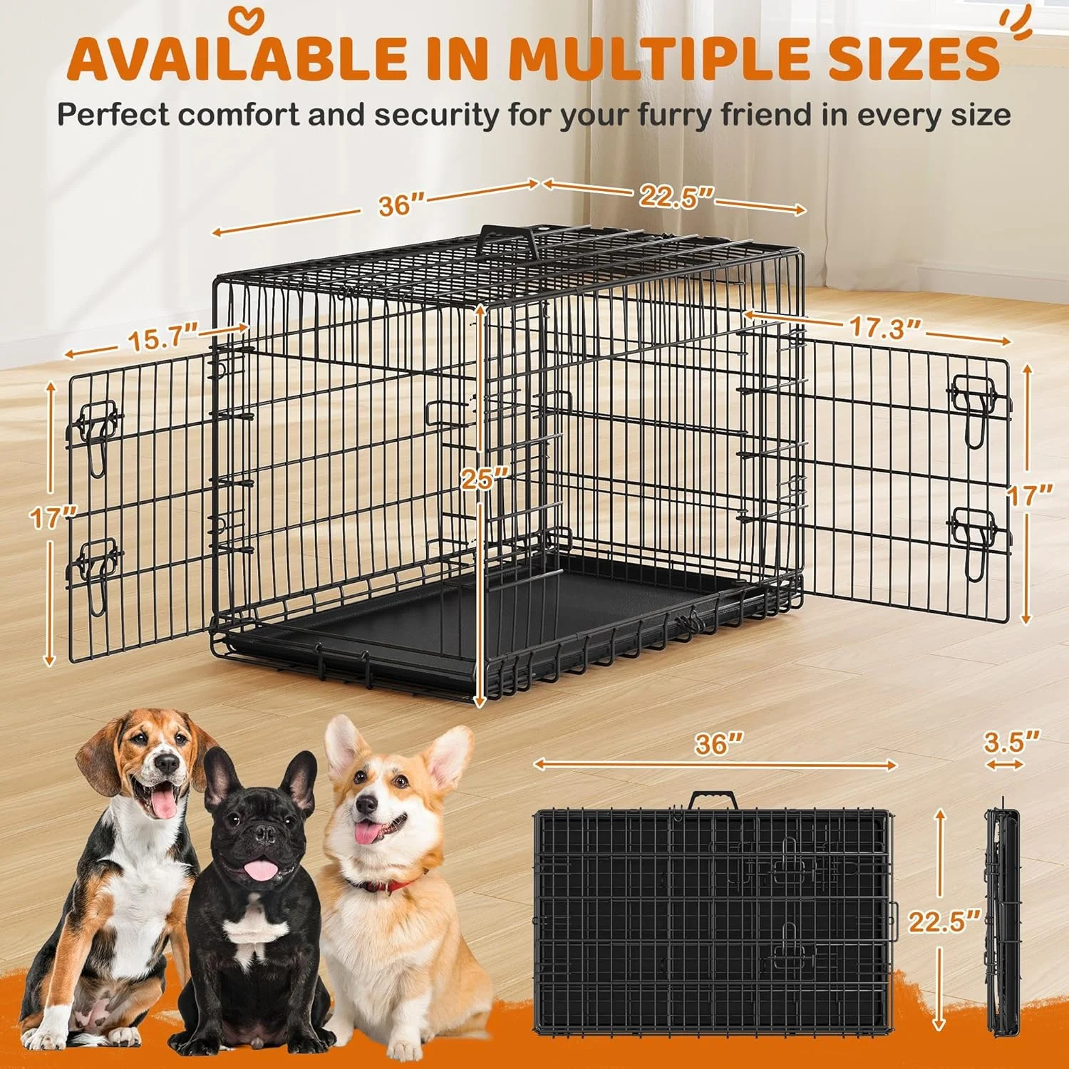 قفس سگ دو درب Yaheetech سایز 36 اینچ به همراه جداکننده برای توله سگ، لانه فلزی تاشو سگ با سینی جداشدنی، قفس مسافرتی قابل حمل، مشکی