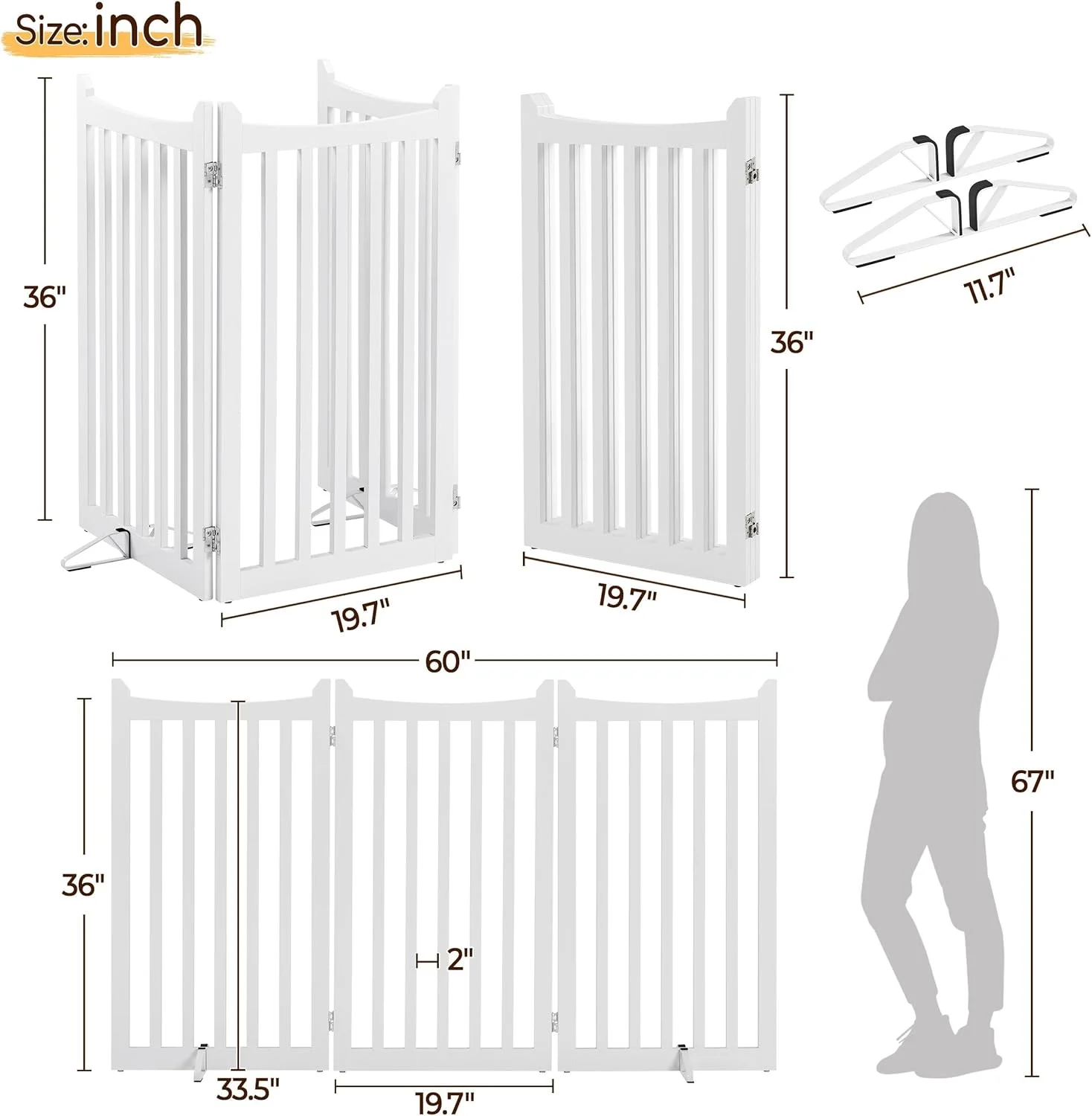 دروازه حیوانات خانگی ایستاده Yaheetech، سایز خیلی بزرگ، 3 پنل، حصار سگ چوبی با 2 پایه نگهدارنده، دروازه سگ تاشو برای داخل خانه، راه پله، درگاه، راهرو، مانع حیوانات خانگی آشپزخانه، سفید، 151.5 سانتی متر طول × 90.5 سانتی متر ارتفاع