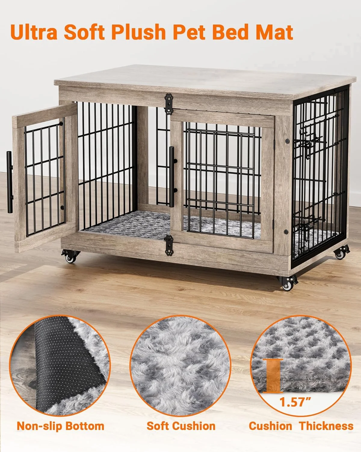 قفس سگ مبلمان YaFiti با کوسن، لانه سگ چوبی با درب های دوتایی، میز کنار تختی قفس سگ سنگین با چرخ، خانه سگ سرپوشیده برای سگ های کوچک و متوسط تا 20 کیلوگرم، 82.5 سانتی متر، خاکستری